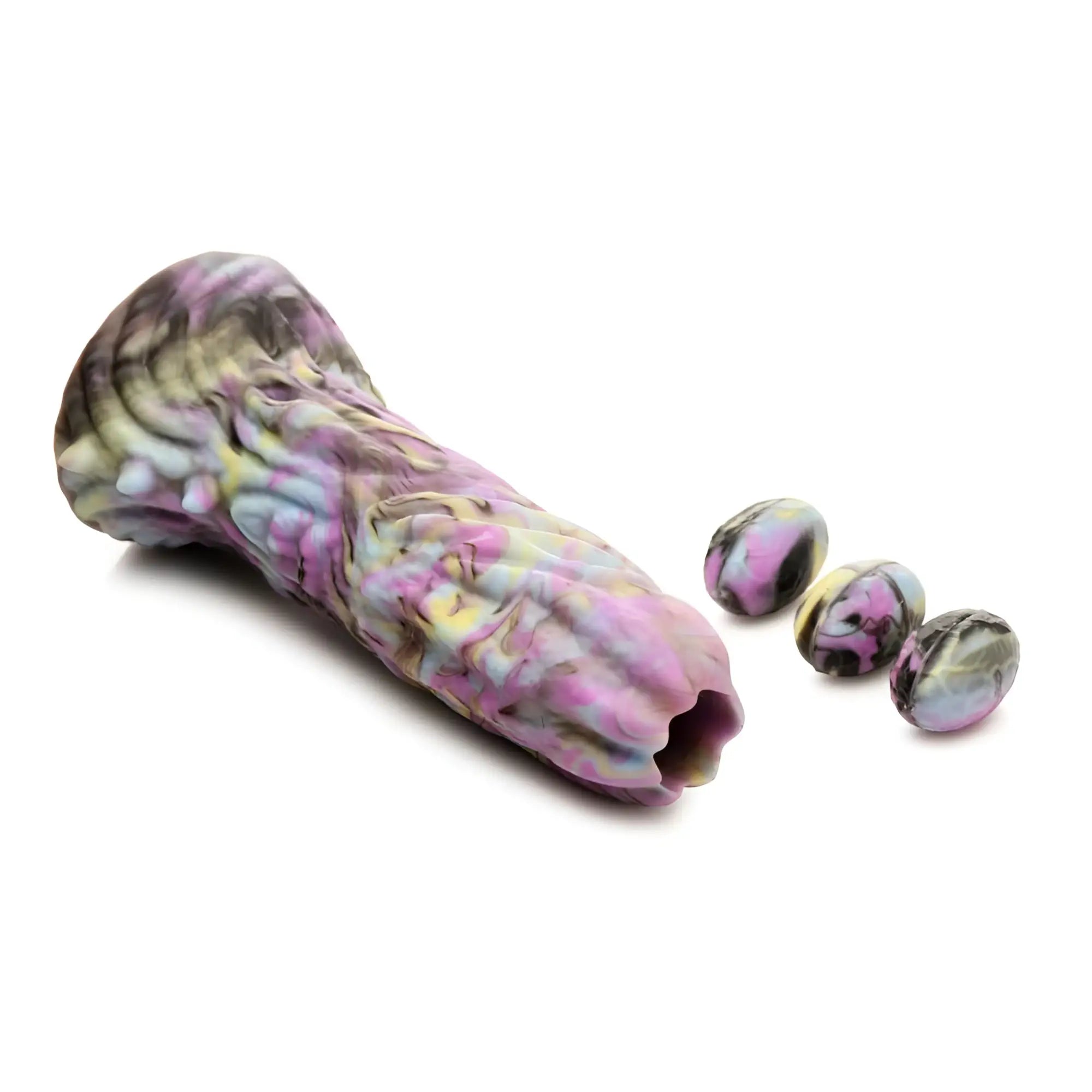 A marbled pink purple and yellow silicone dildo with three matching beads from creature cocks dragon spawn series