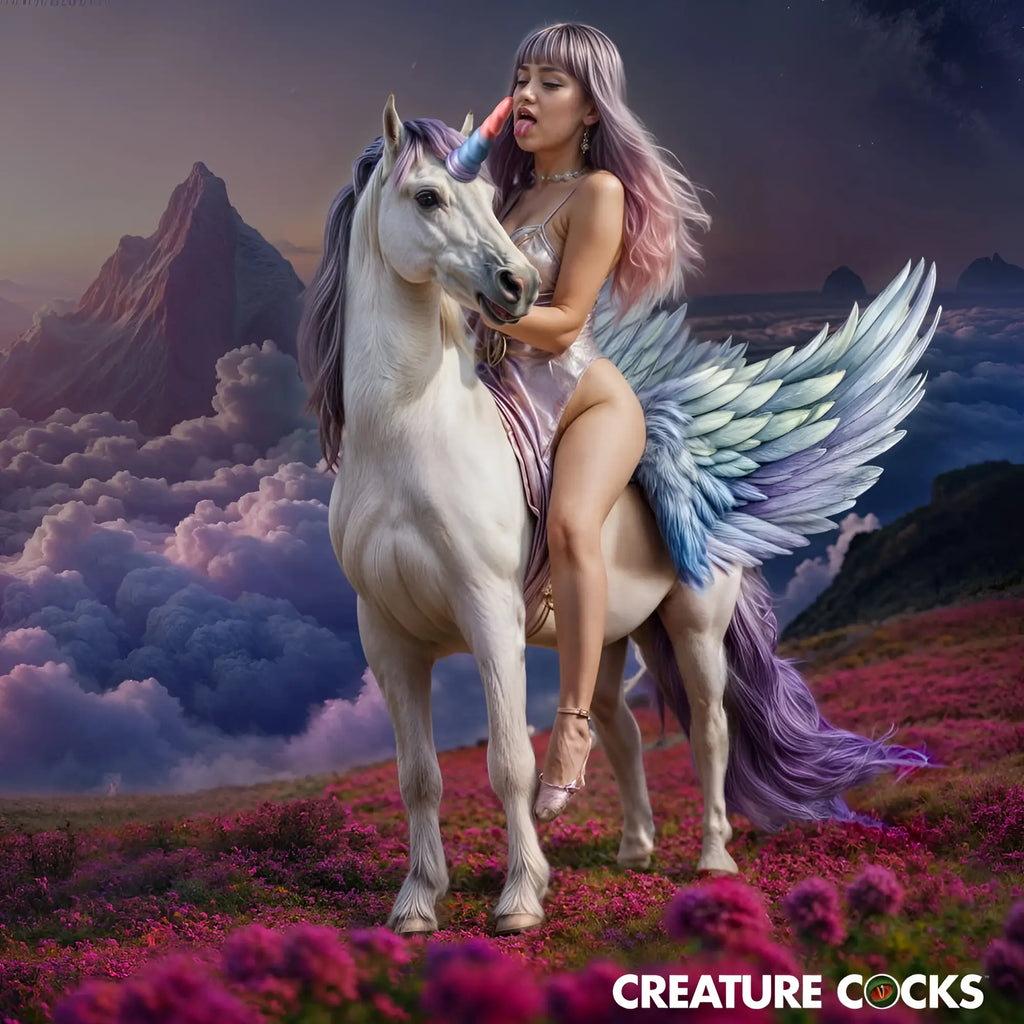 Creature cocks dream rider silicone dildo with a white unicorn design featuring iridescent blue and purple wings and glowing horn