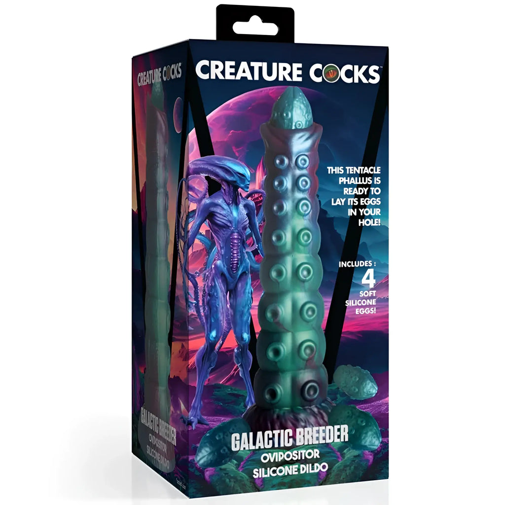 Green silicone tentacle phallus dildo with circular ridges and textured egg-shaped top from creature cocks galactic breeder series