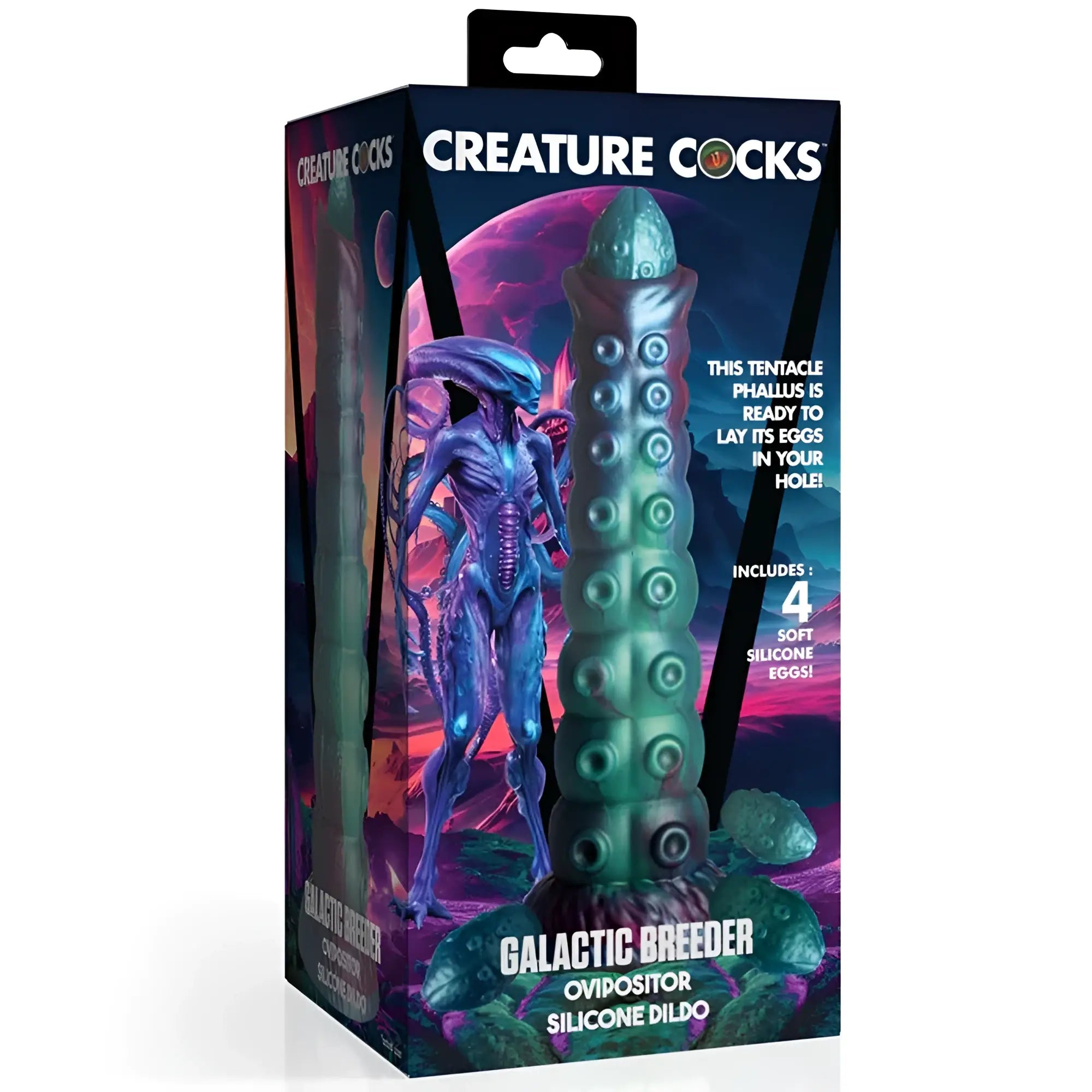 Green silicone tentacle phallus dildo with circular ridges and textured egg-shaped top from creature cocks galactic breeder series