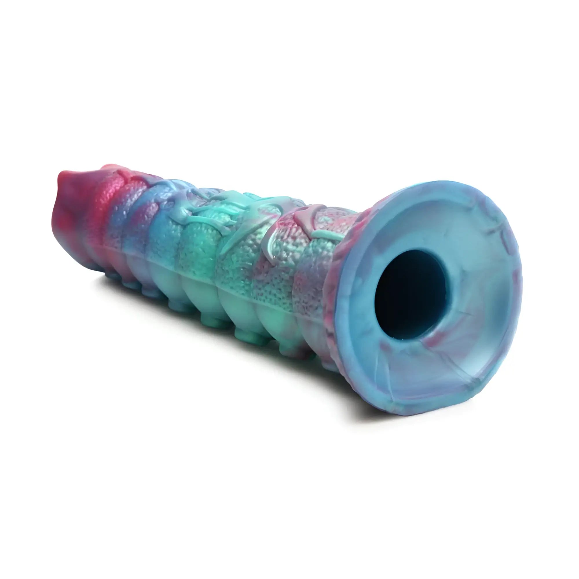 A vibrant gradient-colored silicone dildo with textured segments and flared base from Creature Cocks Galactic Breeder Ovipositor