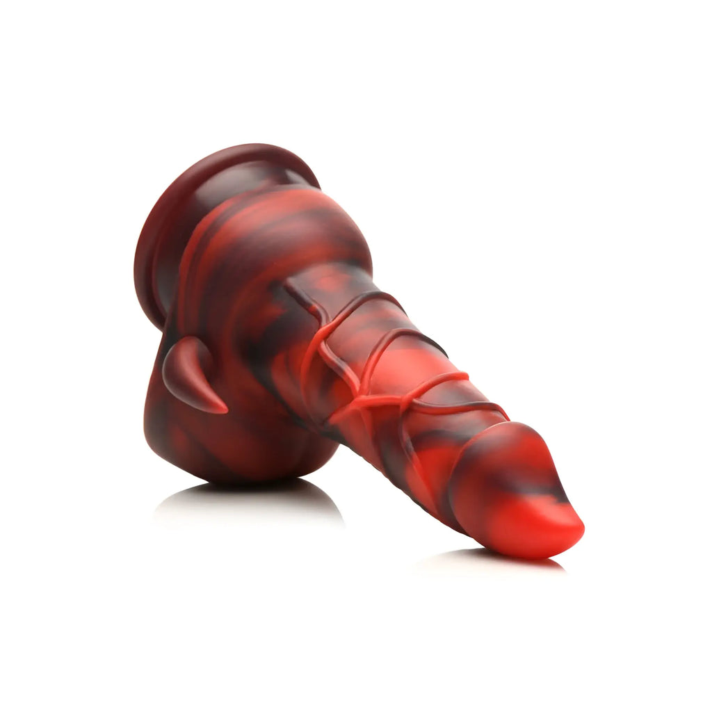 Red and black marbled silicone dildo with textured lace-like design from Creature Cocks horny devil demon series