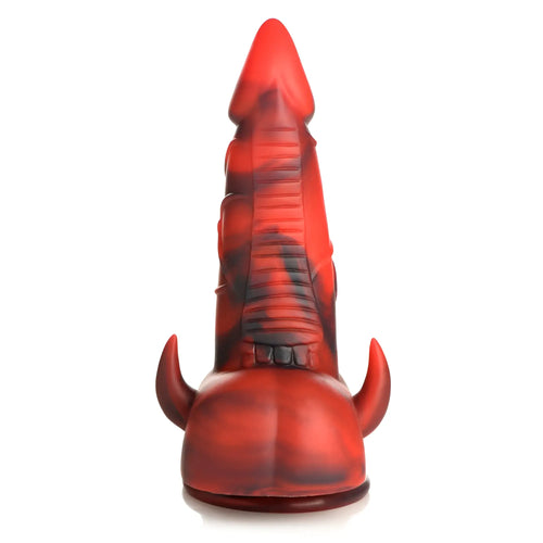 Red and black horny devil demon silicone dildo with horns from creature cocks collection showing front view