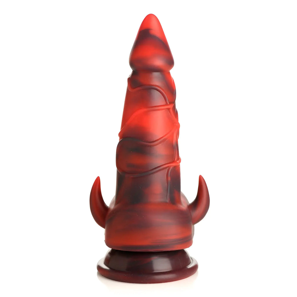 Red and dark maroon silicone dildo with horn-like protrusions at the base from Creature Cocks horny devil demon line