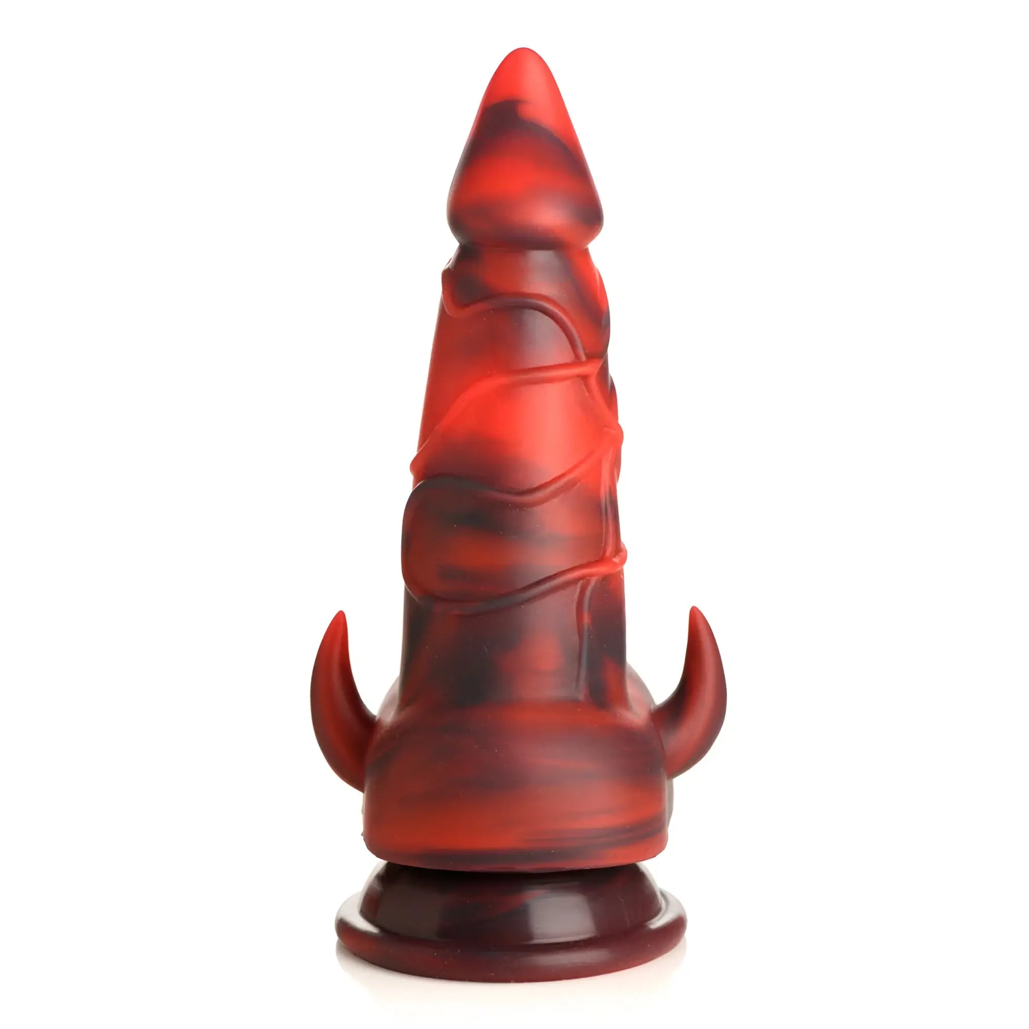Red and dark maroon silicone dildo with horn-like protrusions at the base from Creature Cocks horny devil demon line