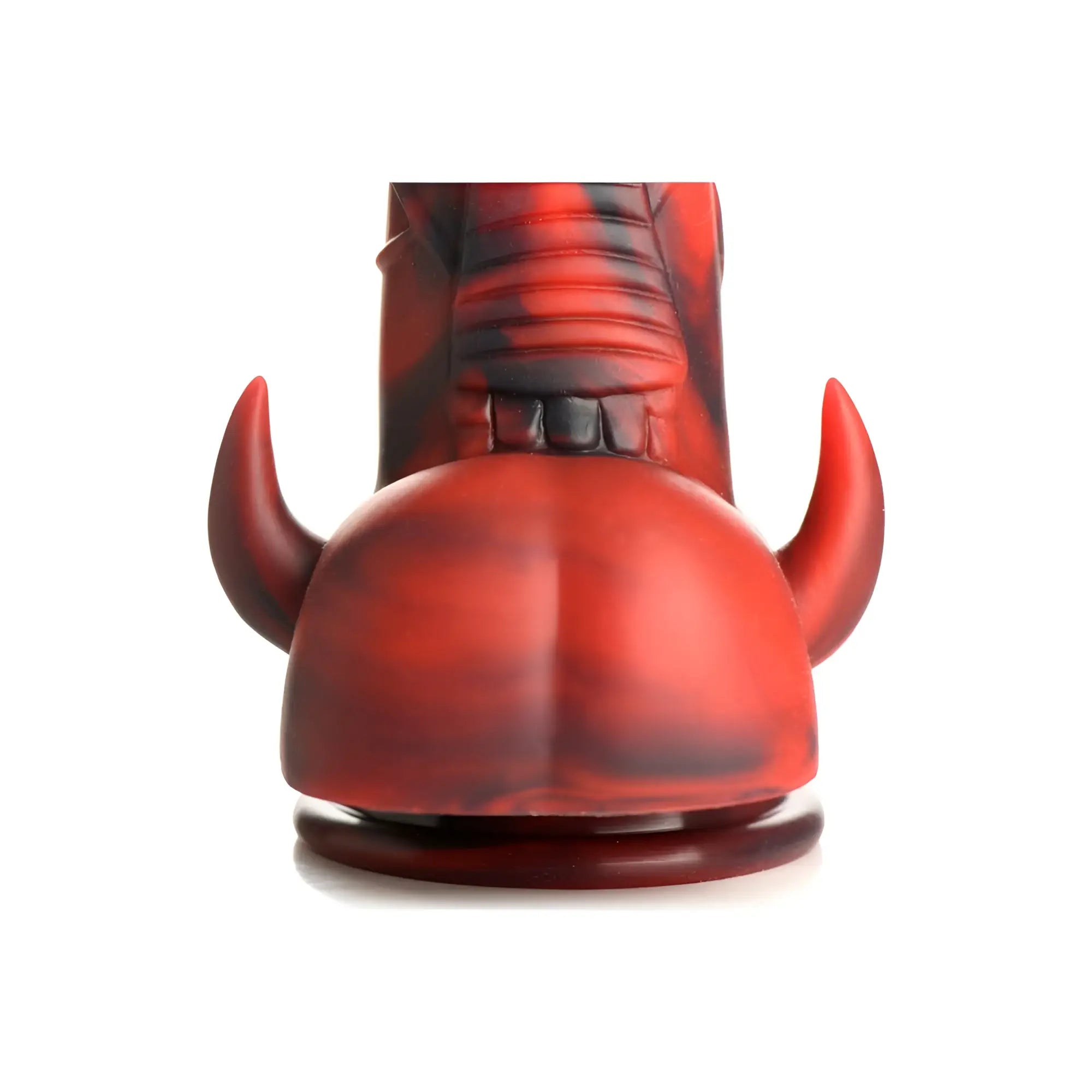 Red devil-themed boot-shaped silicone dildo with glossy finish and black accents from Creature Cocks horny devil demon