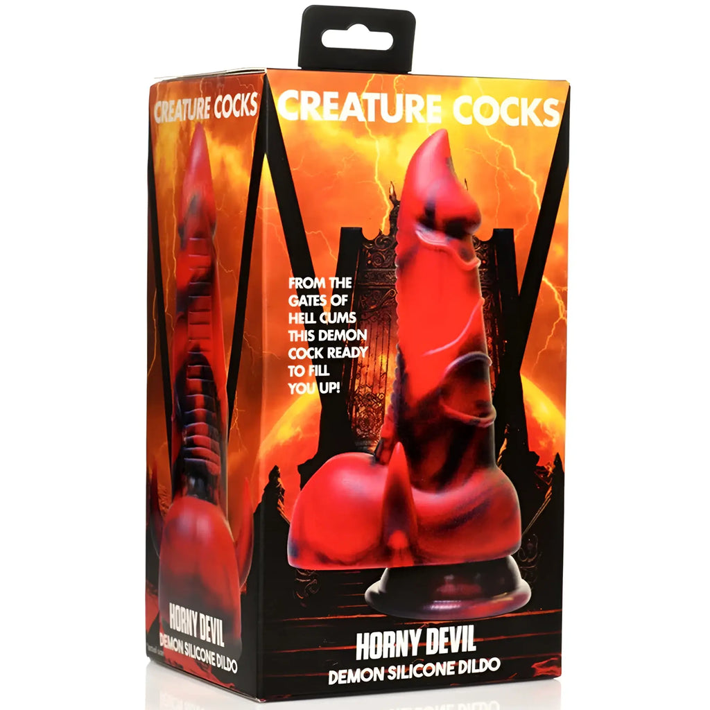 Red translucent silicone demon dildo with black accents and spiked base from creature cocks horny devil series
