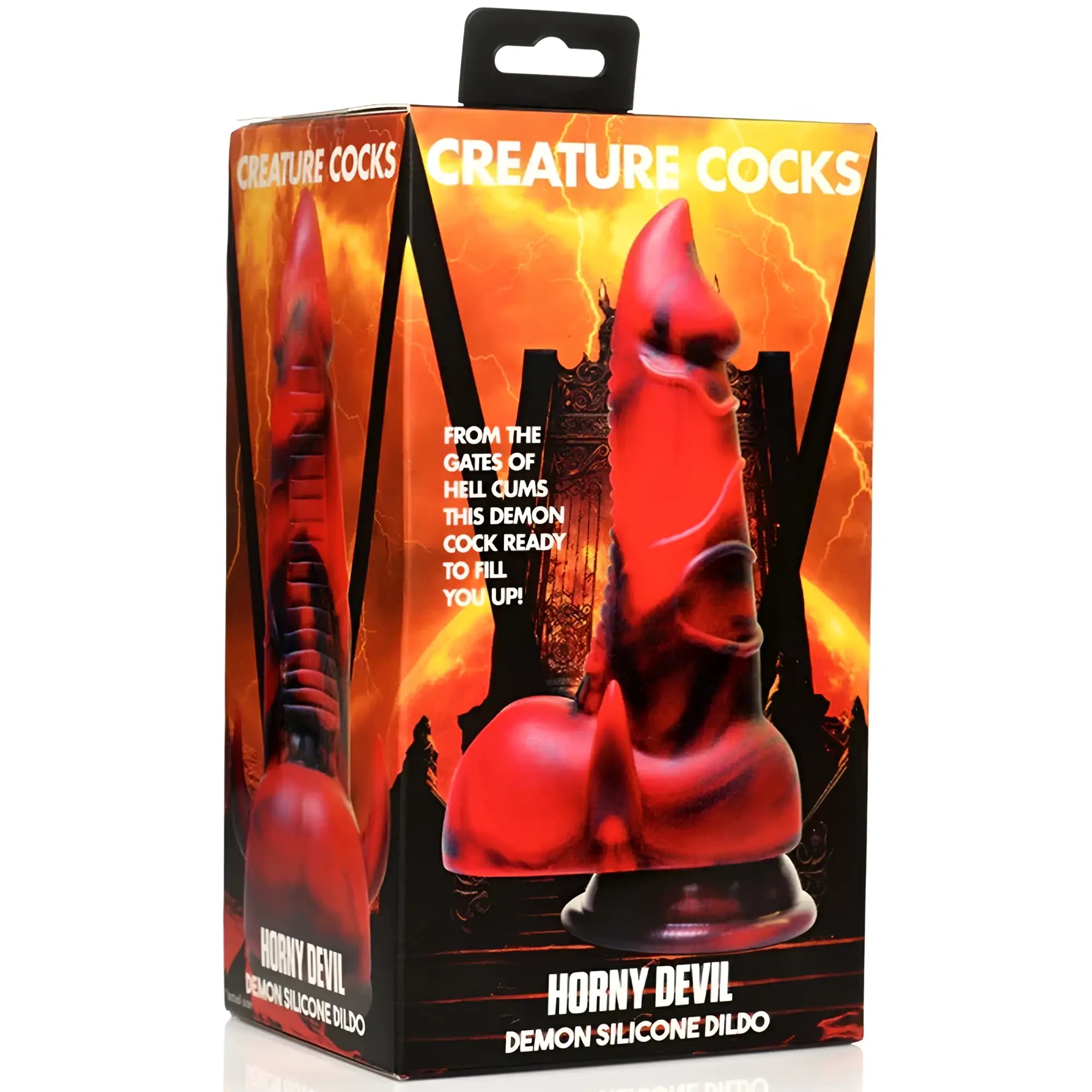 Red translucent silicone demon dildo with black accents and spiked base from creature cocks horny devil series