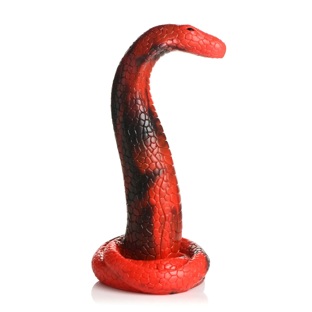 A red and black silicone king cobra dildo with a textured scaly surface from Creature Cocks Creature Cocks