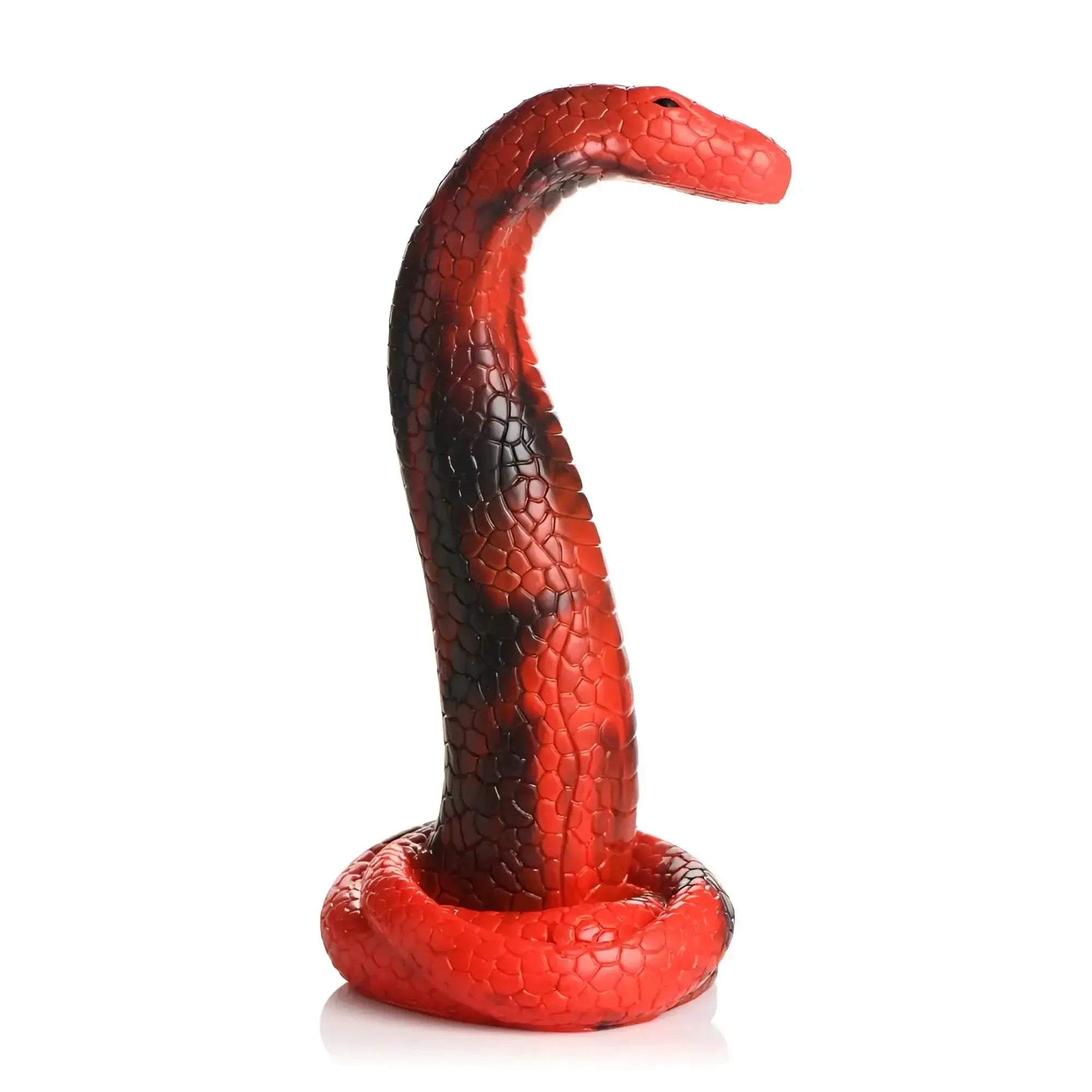 A red and black silicone king cobra dildo with a textured scaly surface from Creature Cocks Creature Cocks