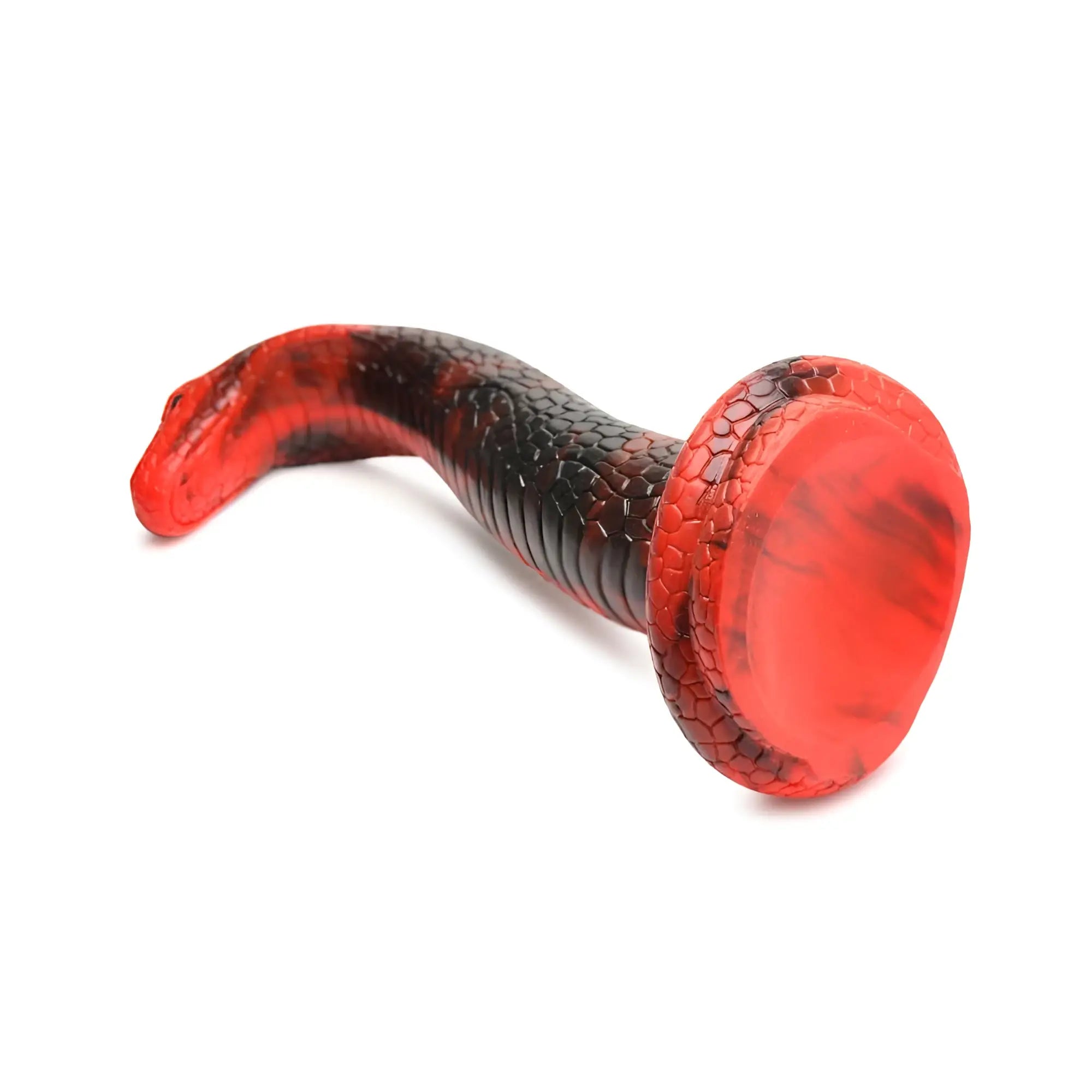 Red and black silicone king cobra dildo with textured scales from creature cocks shown from the back side