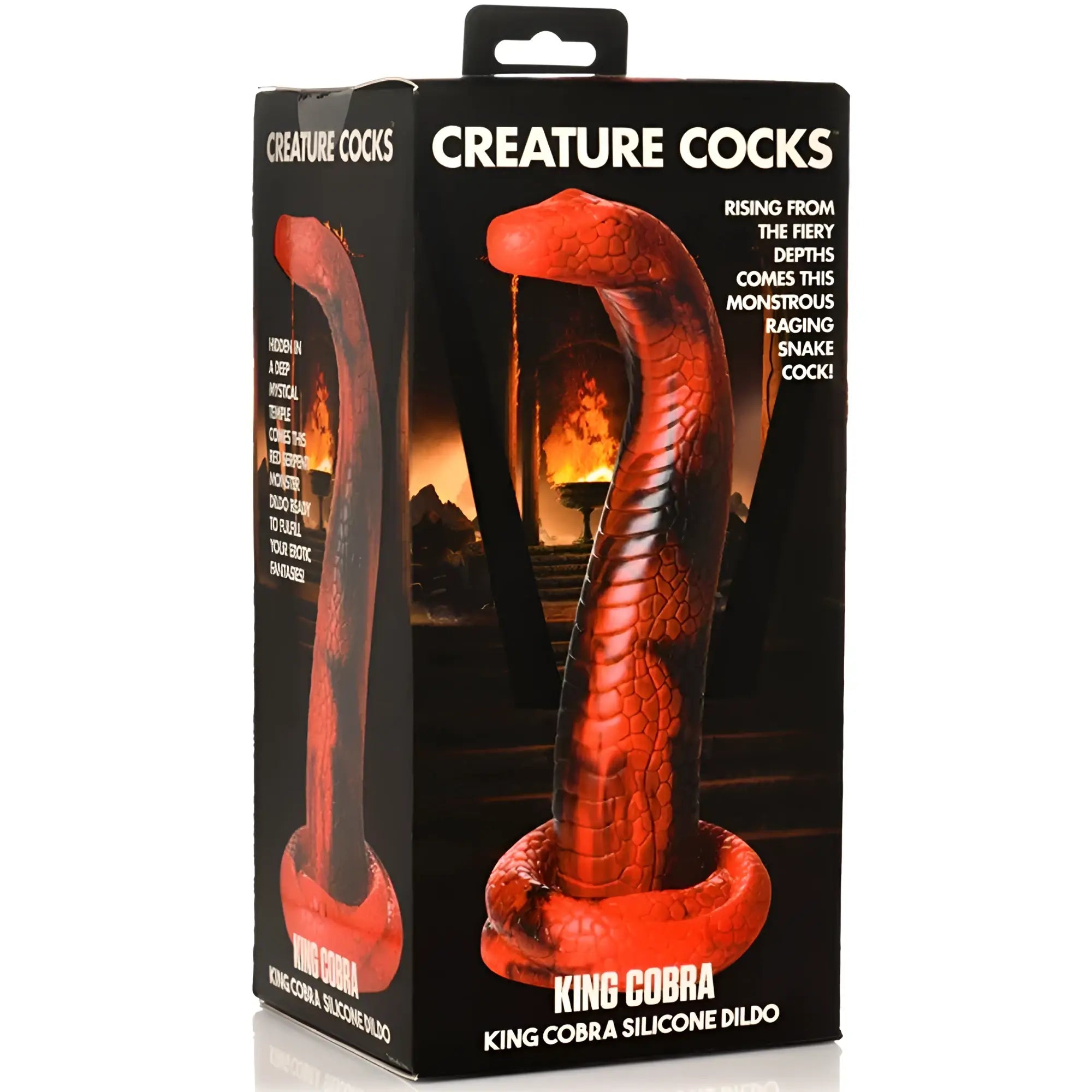 Red silicone king cobra dildo by creature cocks featuring detailed serpent design for realistic use