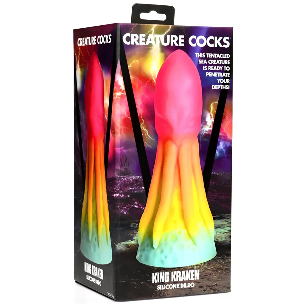 Pink and yellow gradient silicone dildo shaped like a tentacled sea creature king kraken from Creature Cocks