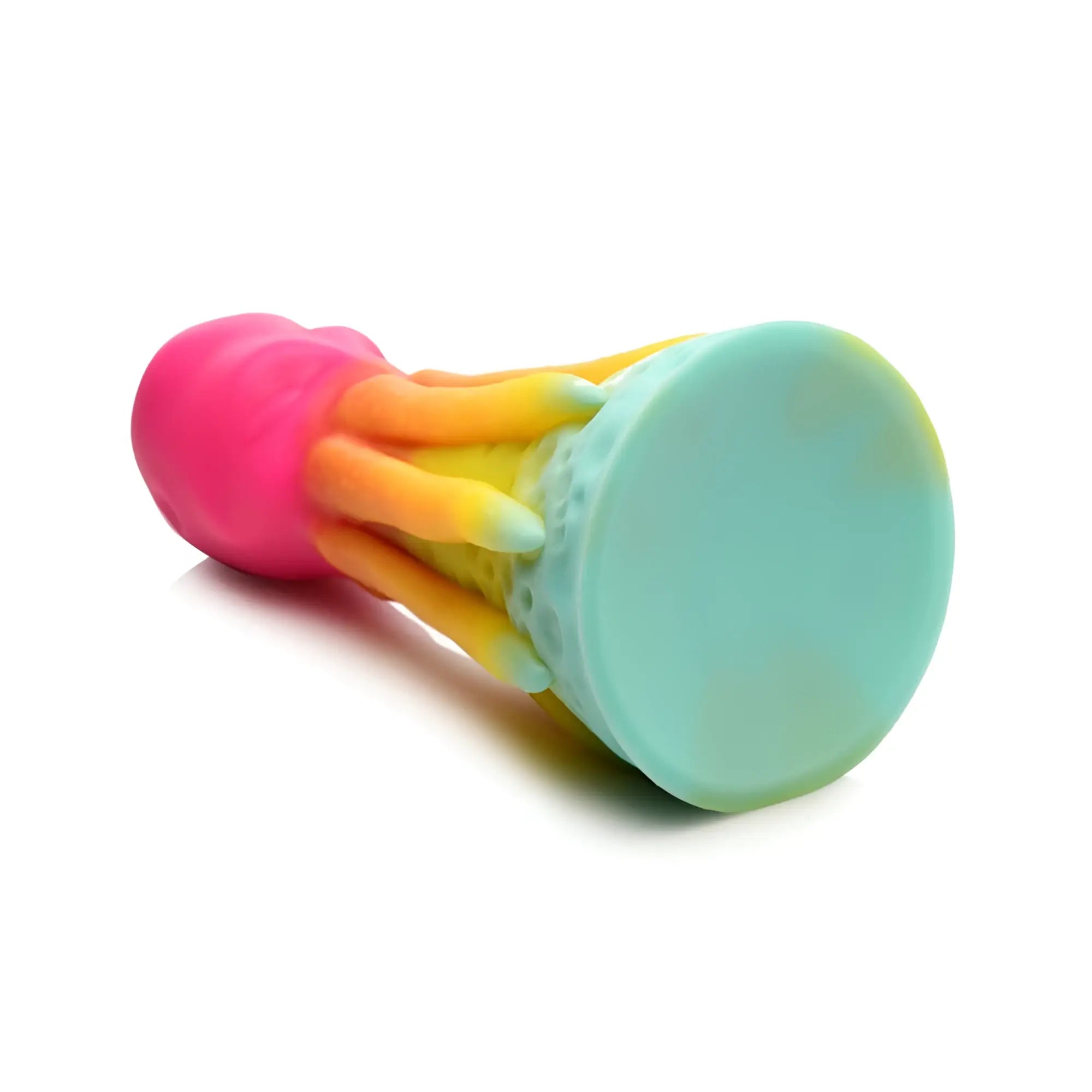 Creature Cocks king kraken silicone dildo shaped like a vibrant pink and yellow-orange octopus gripping a mint-green base