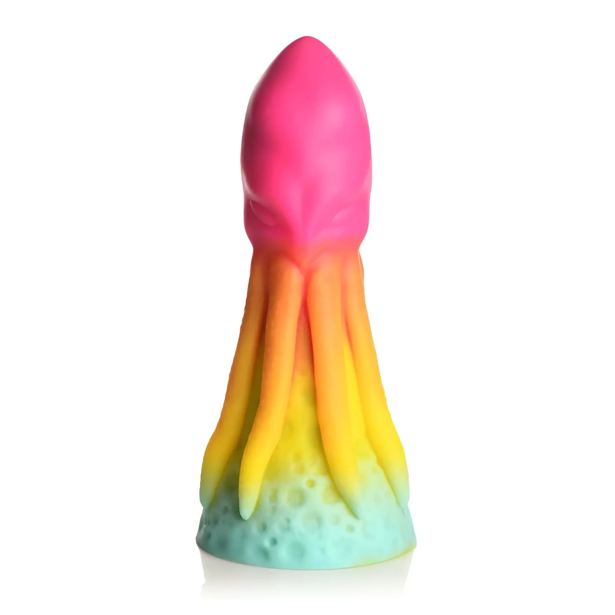 A vibrant rainbow-gradient silicone octopus-shaped Creature Cocks King Kraken dildo with pink head and colorful tentacles
