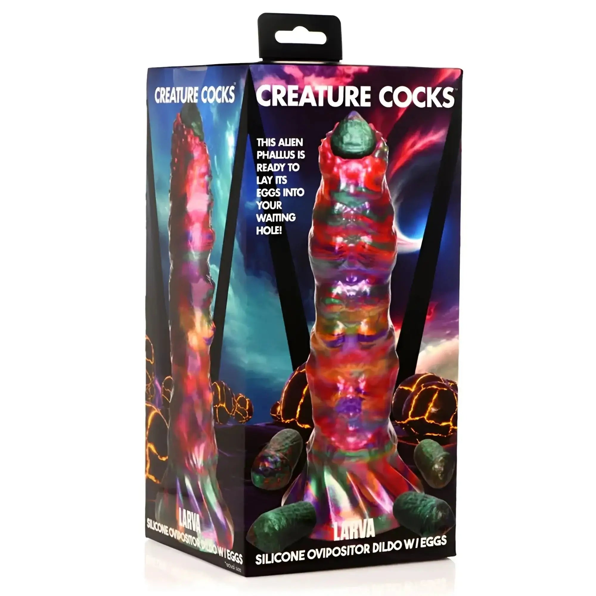 Creature Cocks Larva silicone ovipositor dildo with vibrant translucent red and purple swirls and a green gem cap