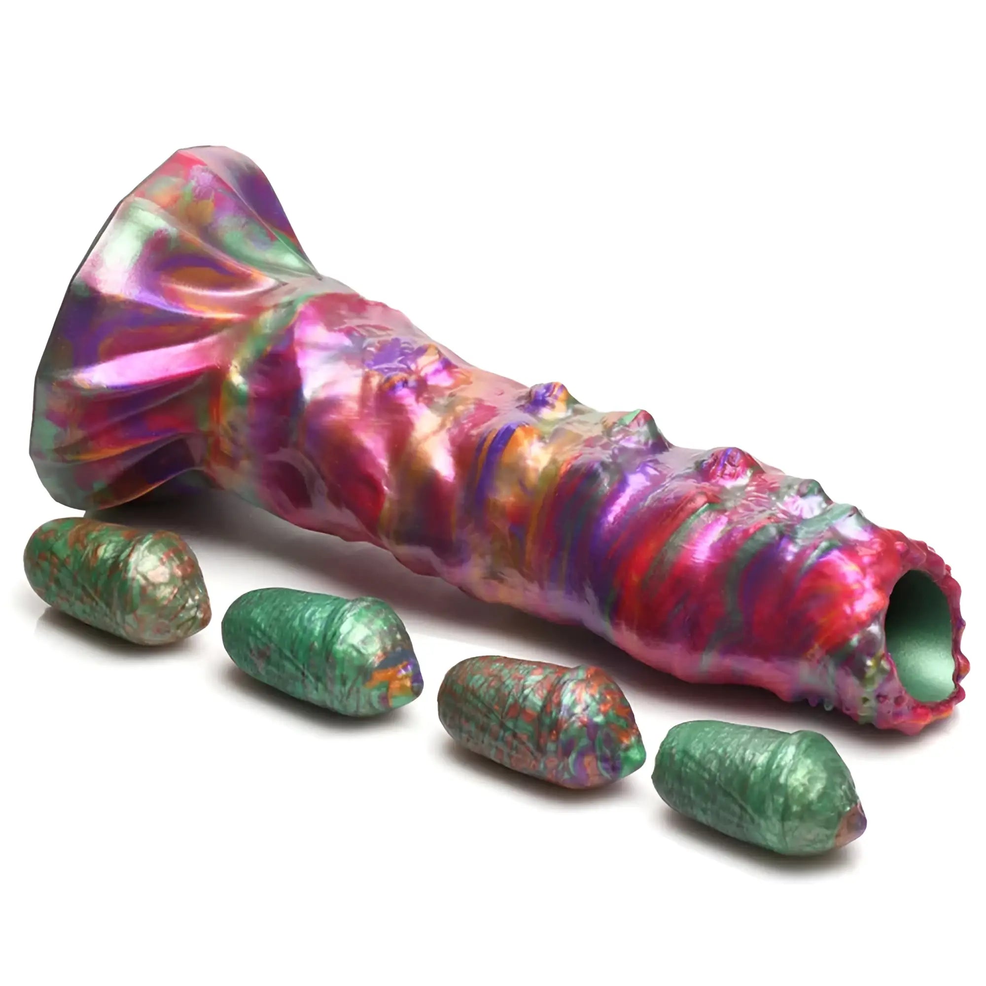 Creature cocks larva silicone ovipositor dildo with eggs in beige showing back side of the product