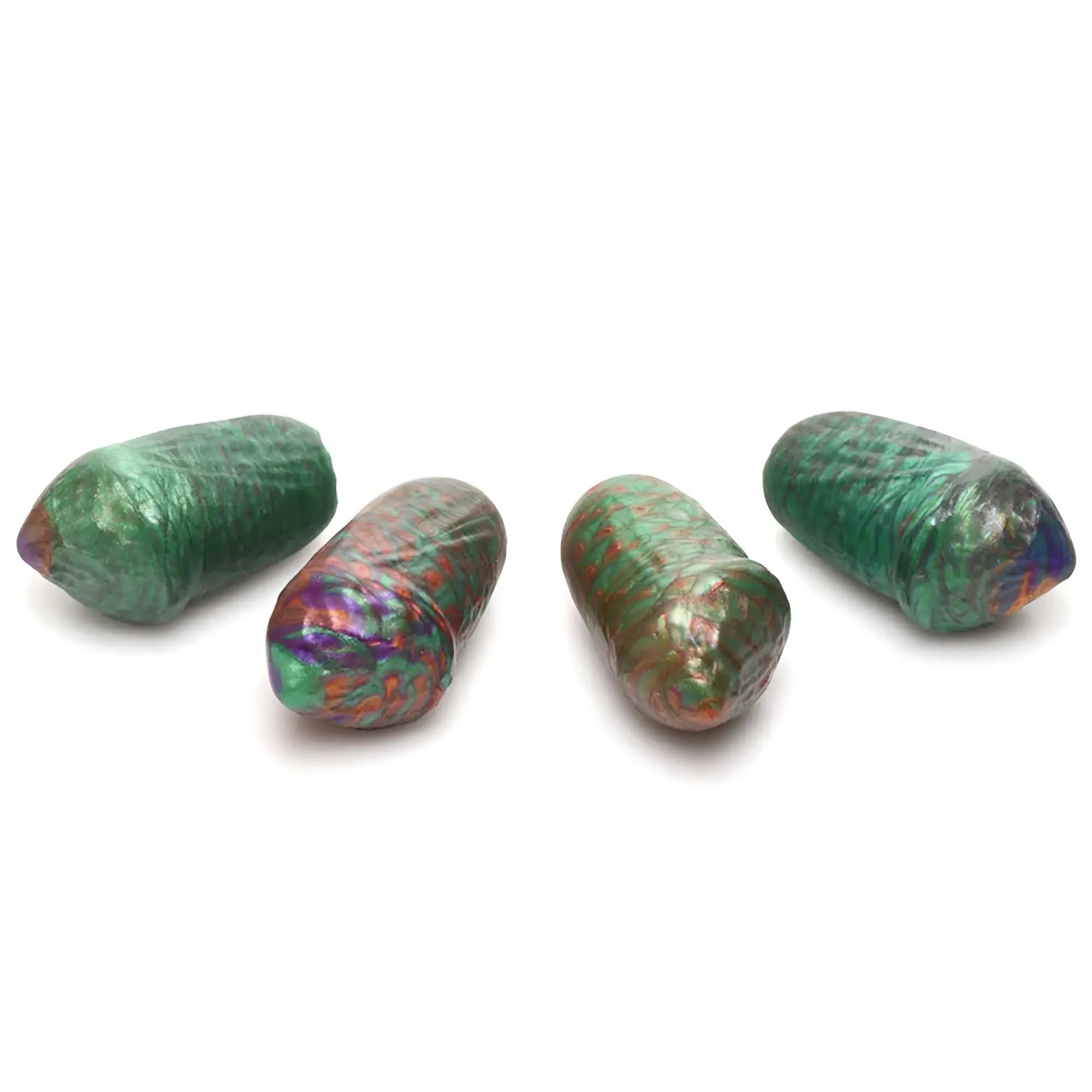 Four iridescent green and purple opal-like silicone beads with a textured faceted surface for Creature Cocks Larva dildo