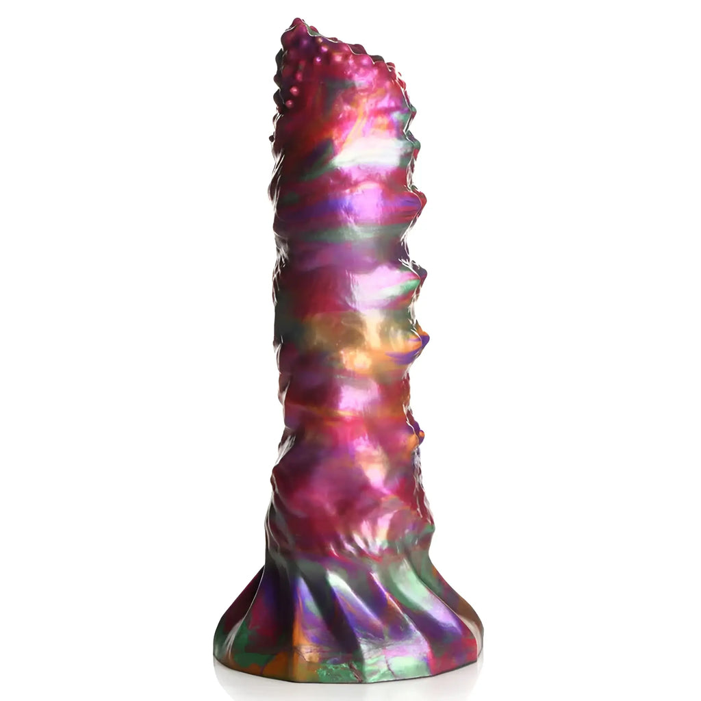 Creature Cocks Larva silicone ovipositor dildo with eggs in iris-colored iridescent silicone and a textured segmented design
