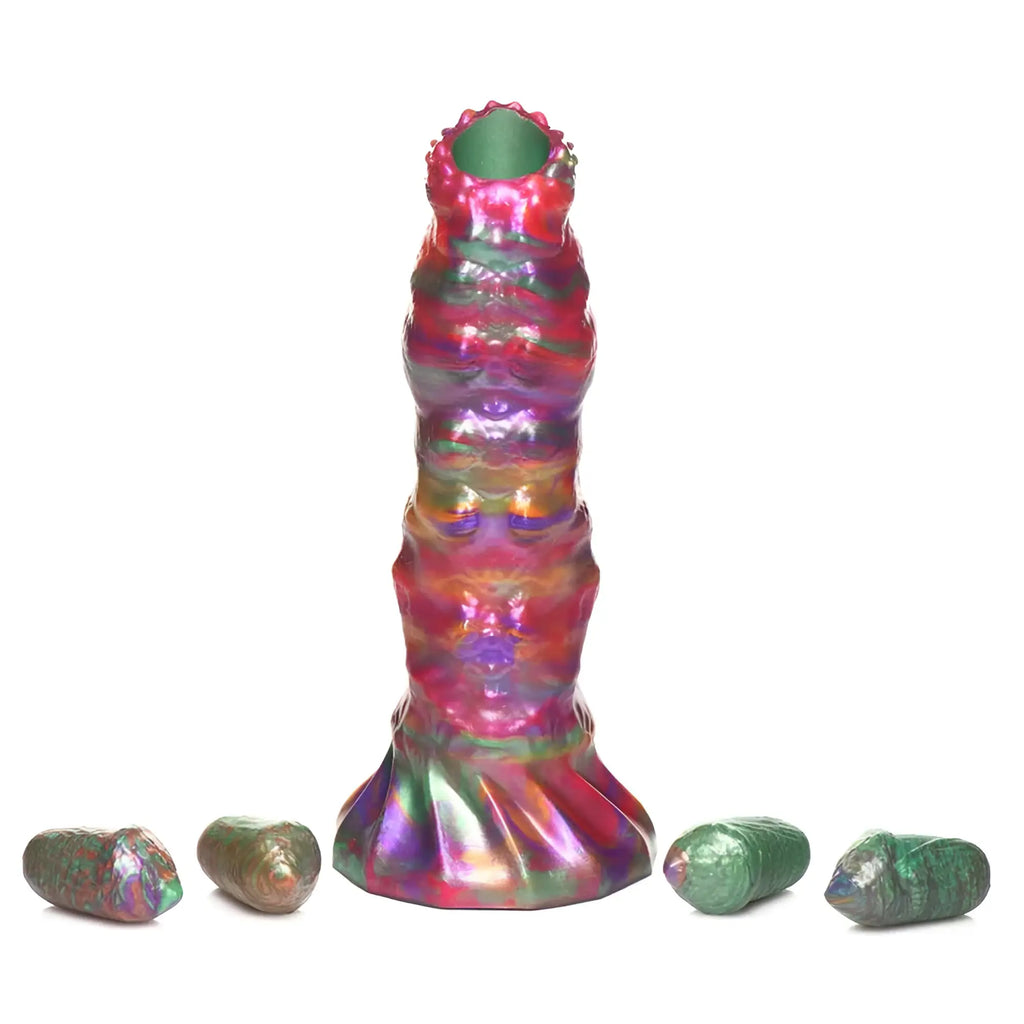 Iris iridescent phallic-shaped silicone dildo with textured segmented body and flared base from Creature Cocks Larva series