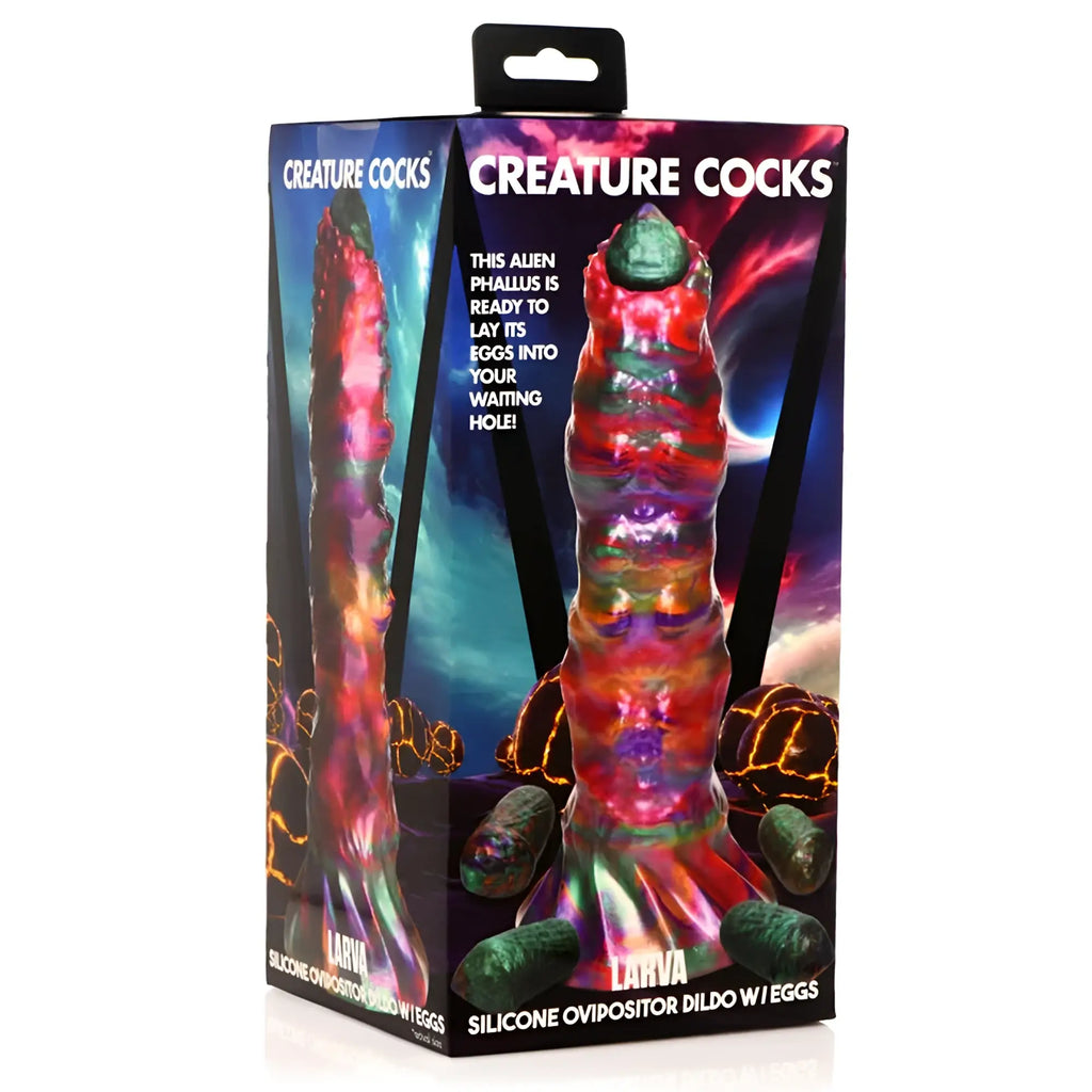 Creature Cocks Larva silicone ovipositor dildo with vibrant translucent red and purple swirls and a green gem cap