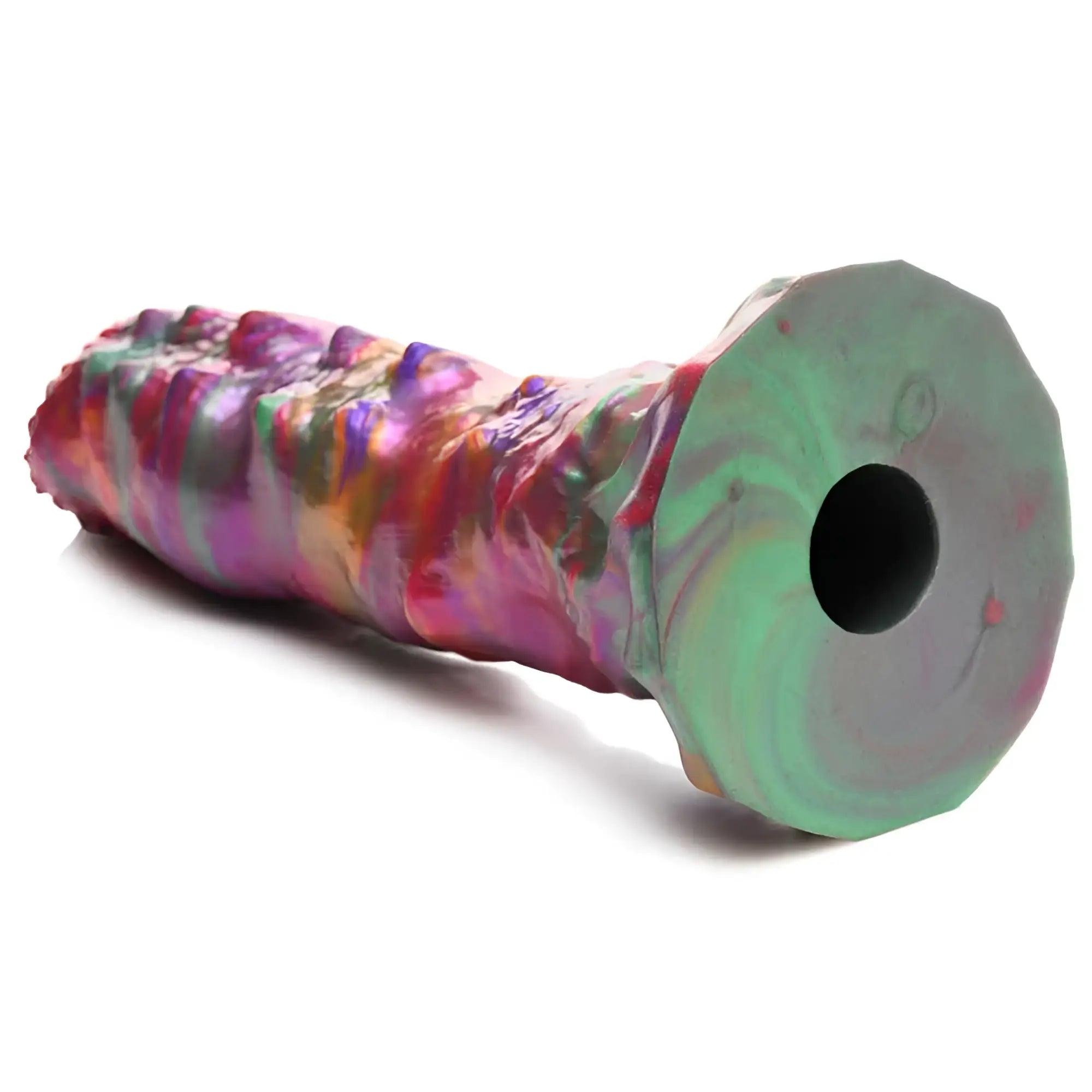 A vibrant iridescent silicone massage roller with a textured surface and greenish-gray circular end with central hole from creature cocks larva silicone ovipositor dildo w eggs