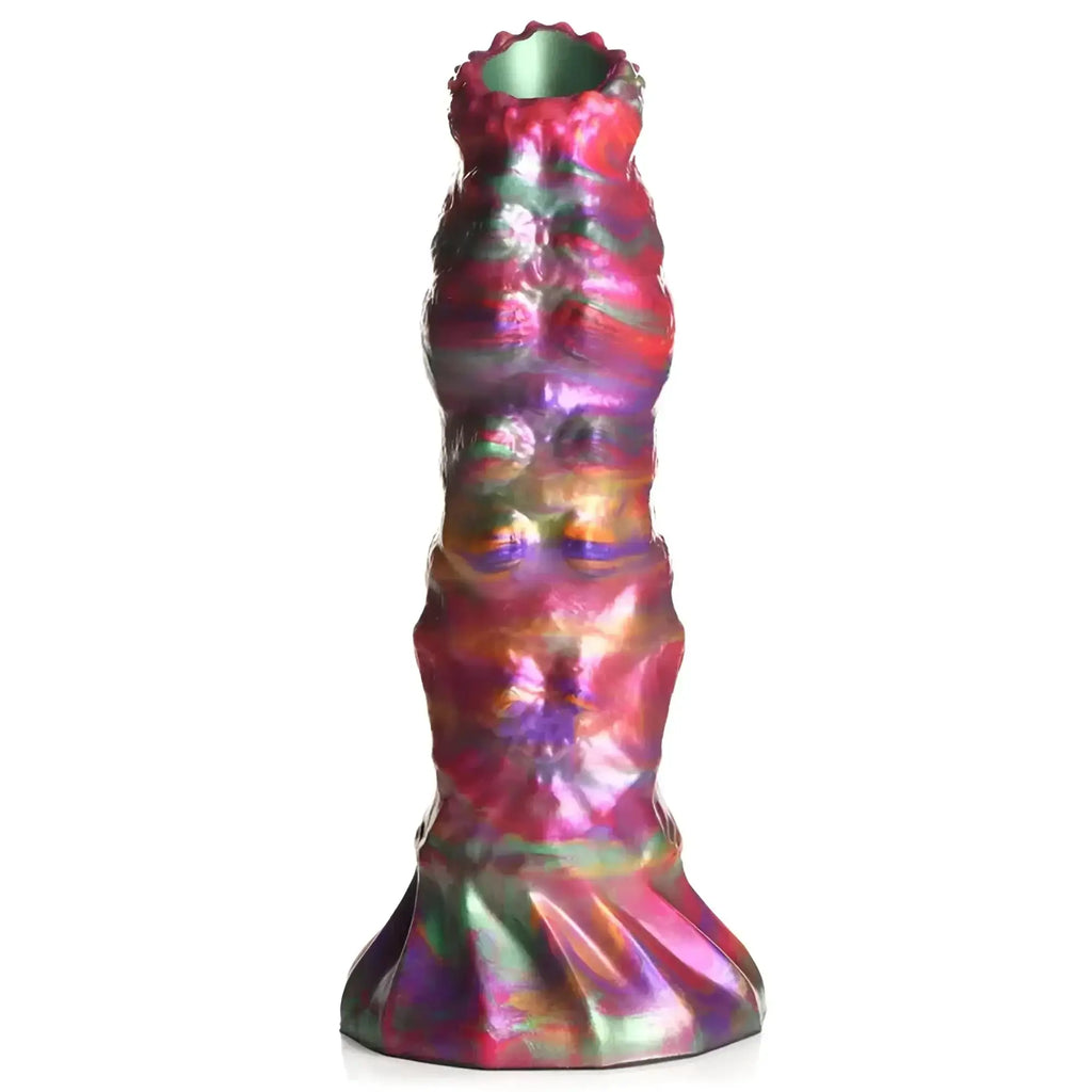 A tall iridescent ceramic vase with a textured sculpted surface in swirling pink purple and green