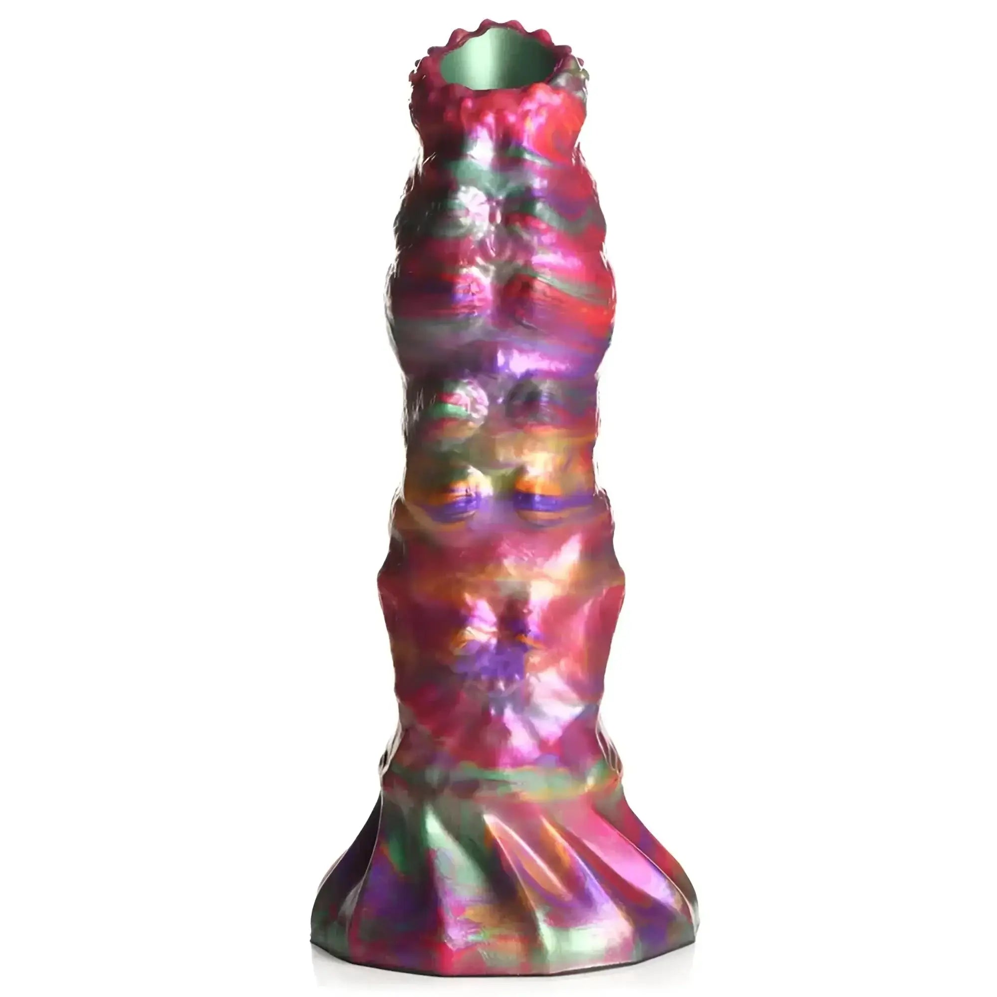 A tall iridescent ceramic vase with a textured sculpted surface in swirling pink purple and green