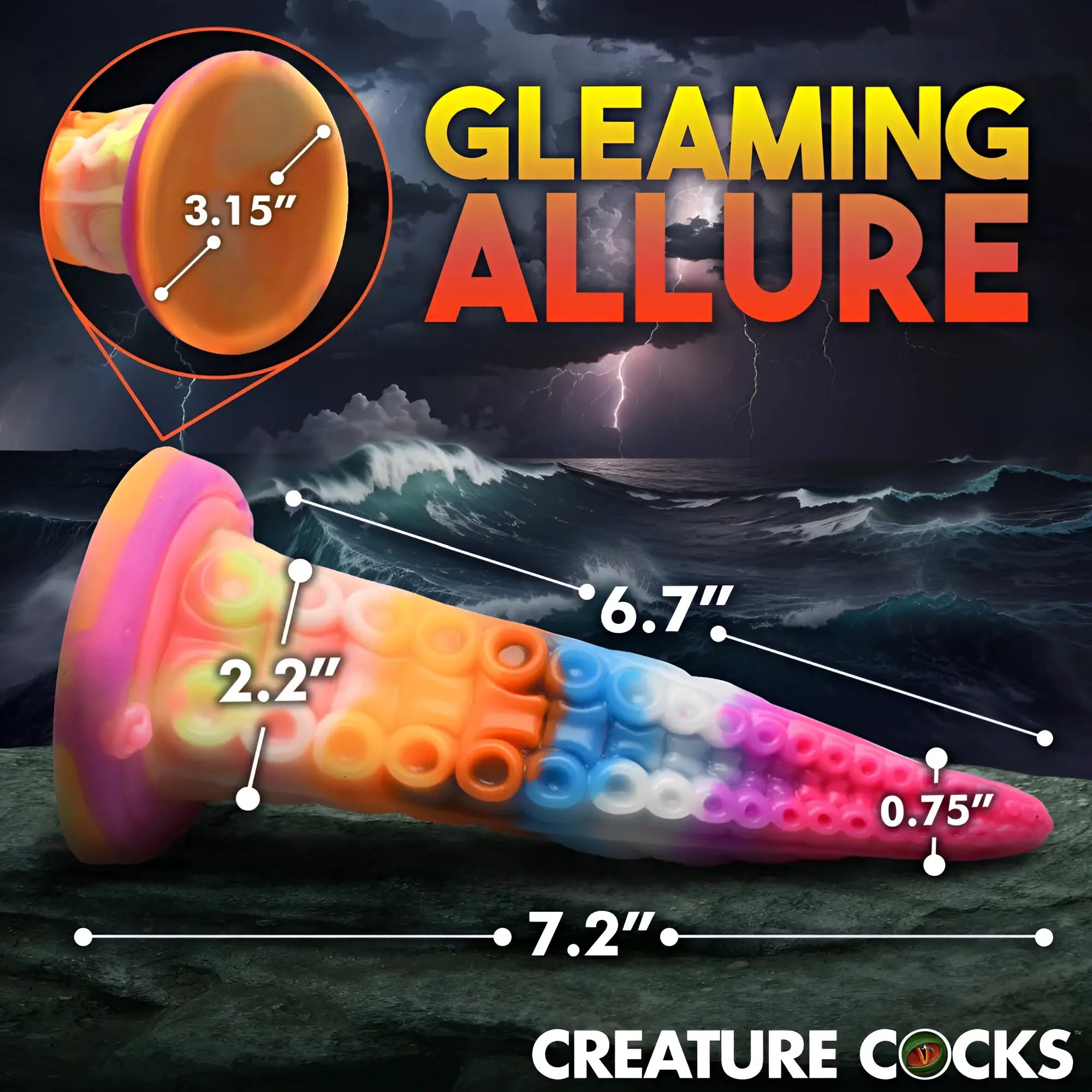 The creature cocks luminoctopus gitd tentacle dildo is a rainbow silicone toy with suction cups and a tapered tip