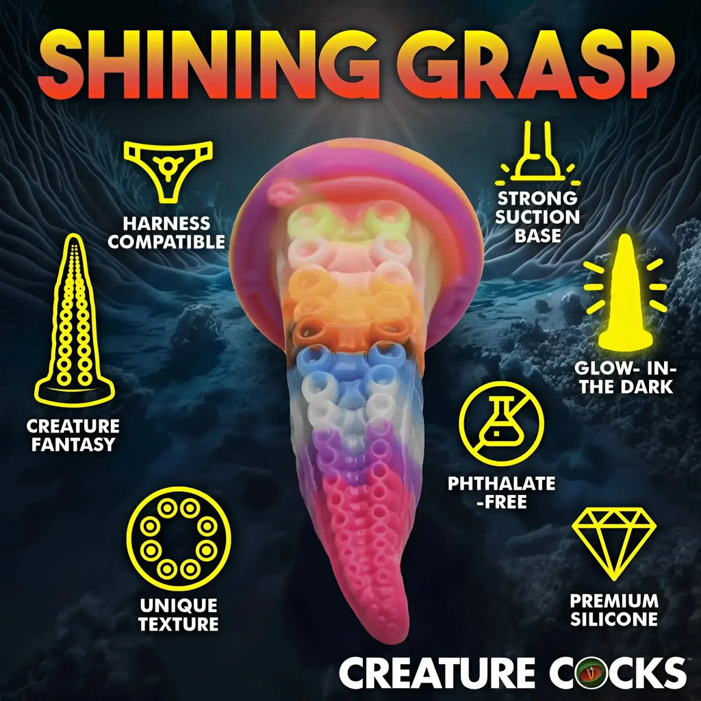 Rainbow-coloured translucent silicone jellyfish-shaped creature cocks luminoctopus gitd tentacle dildo with textured surface