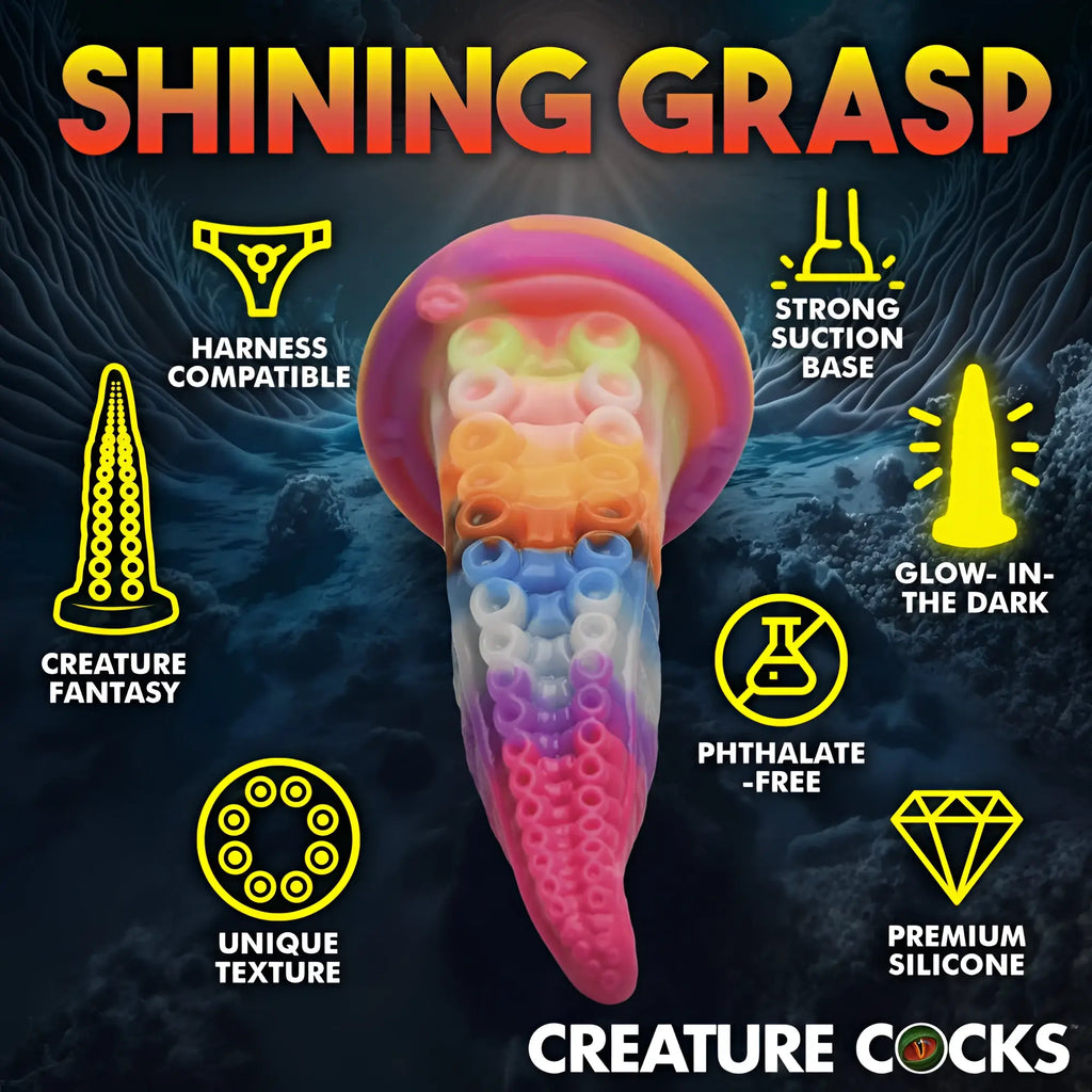 Rainbow-colored translucent silicone jellyfish-shaped creature cocks luminoctopus gitd tentacle dildo with textured surface and glow in the dark feature