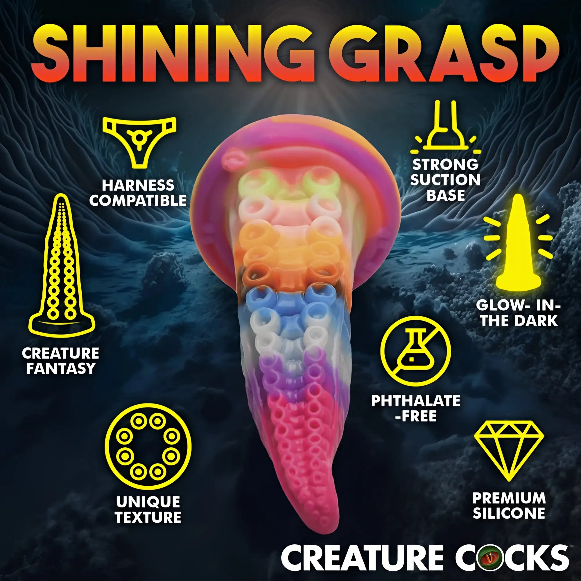 Rainbow-colored translucent silicone jellyfish-shaped creature cocks luminoctopus gitd tentacle dildo with textured surface and glow in the dark feature