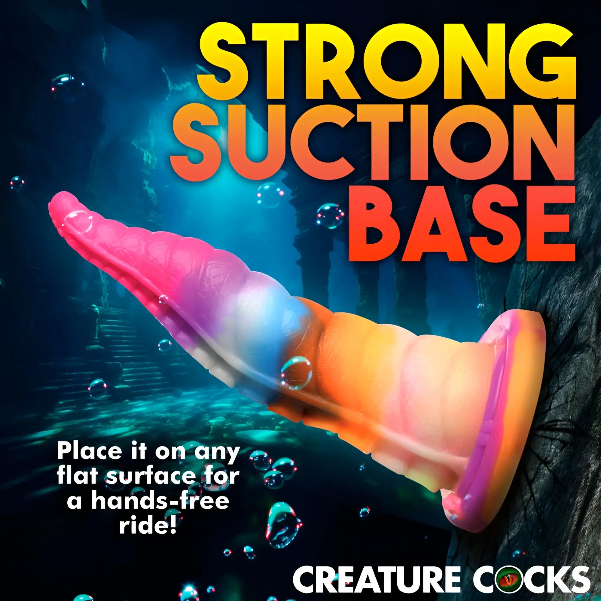 A vibrant gradient-colored silicone creature cocks luminoctopus glow in the dark tentacle dildo with tapered design and suction base