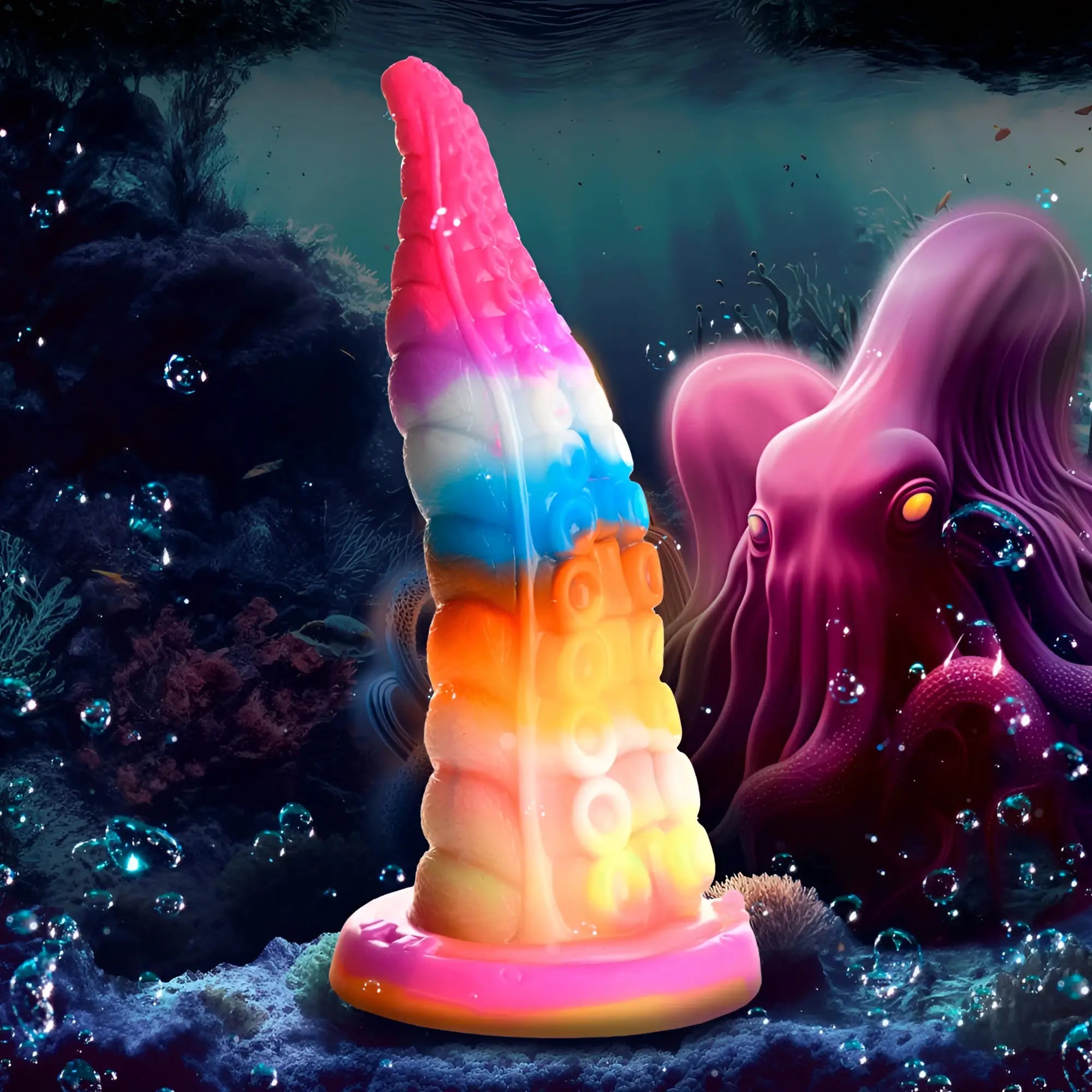 A vibrant rainbow-colored silicone Creature Cocks Luminoctopus GITD tentacle dildo with textured surface and glowing base