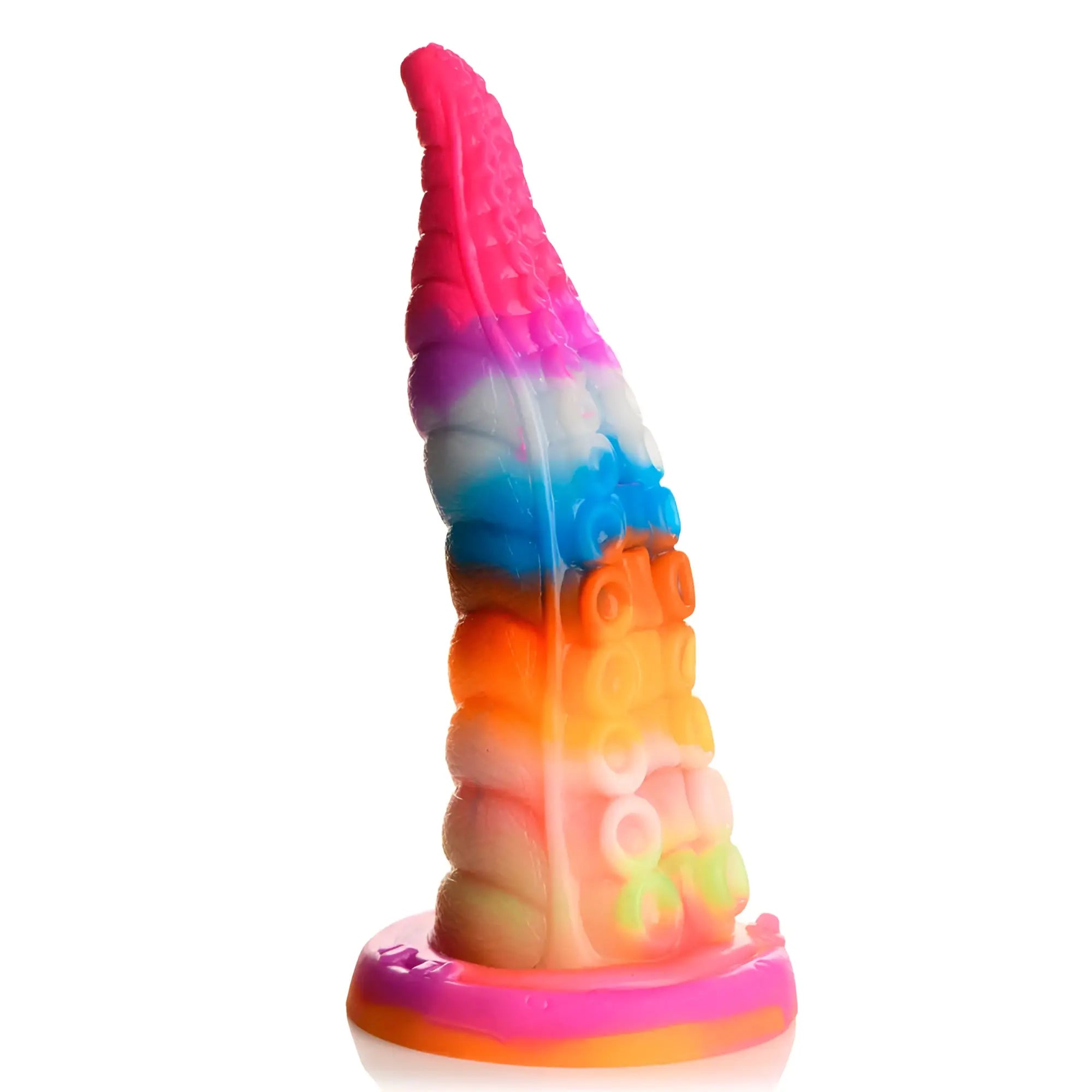 A vibrant rainbow-colored silicone tentacle dildo with textured surface and segmented design from creature cocks luminoctopus gitd
