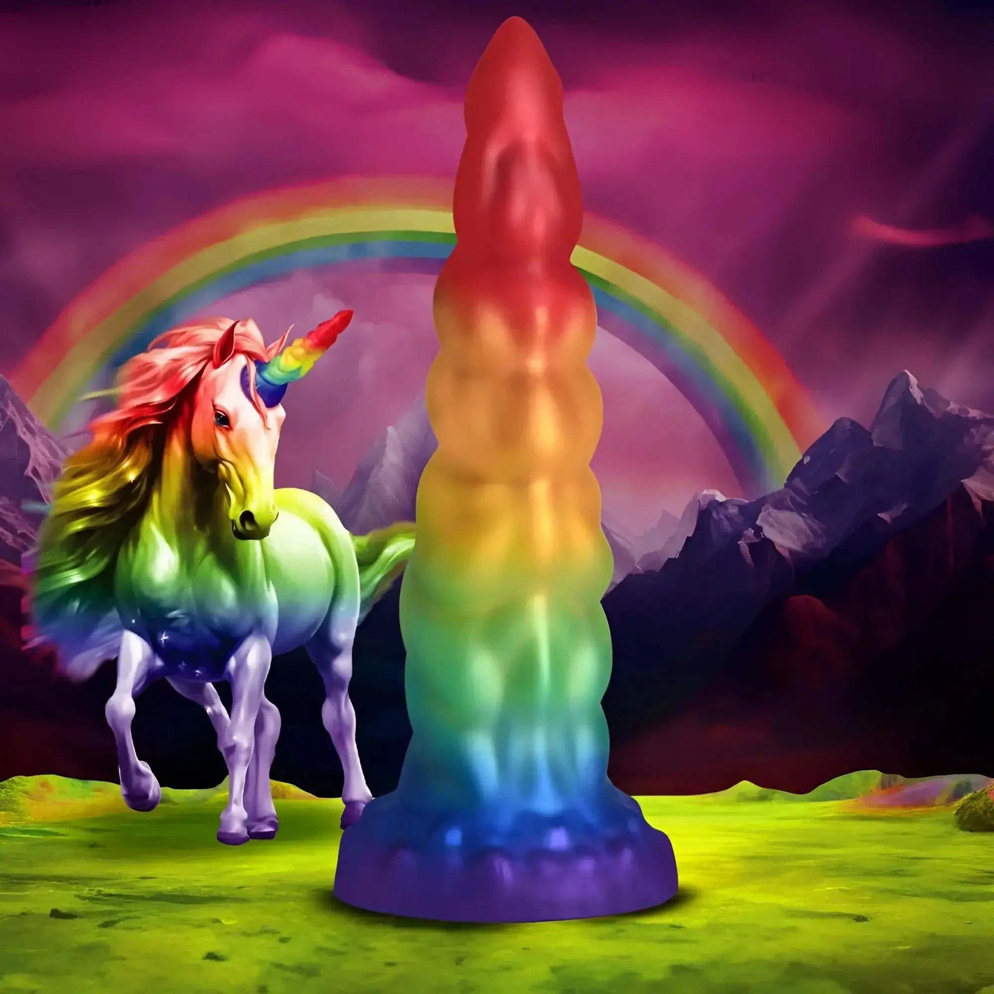 Creature cocks magic rider unicorn silicone dildo with glossy rainbow-colored segmented unicorn horn design