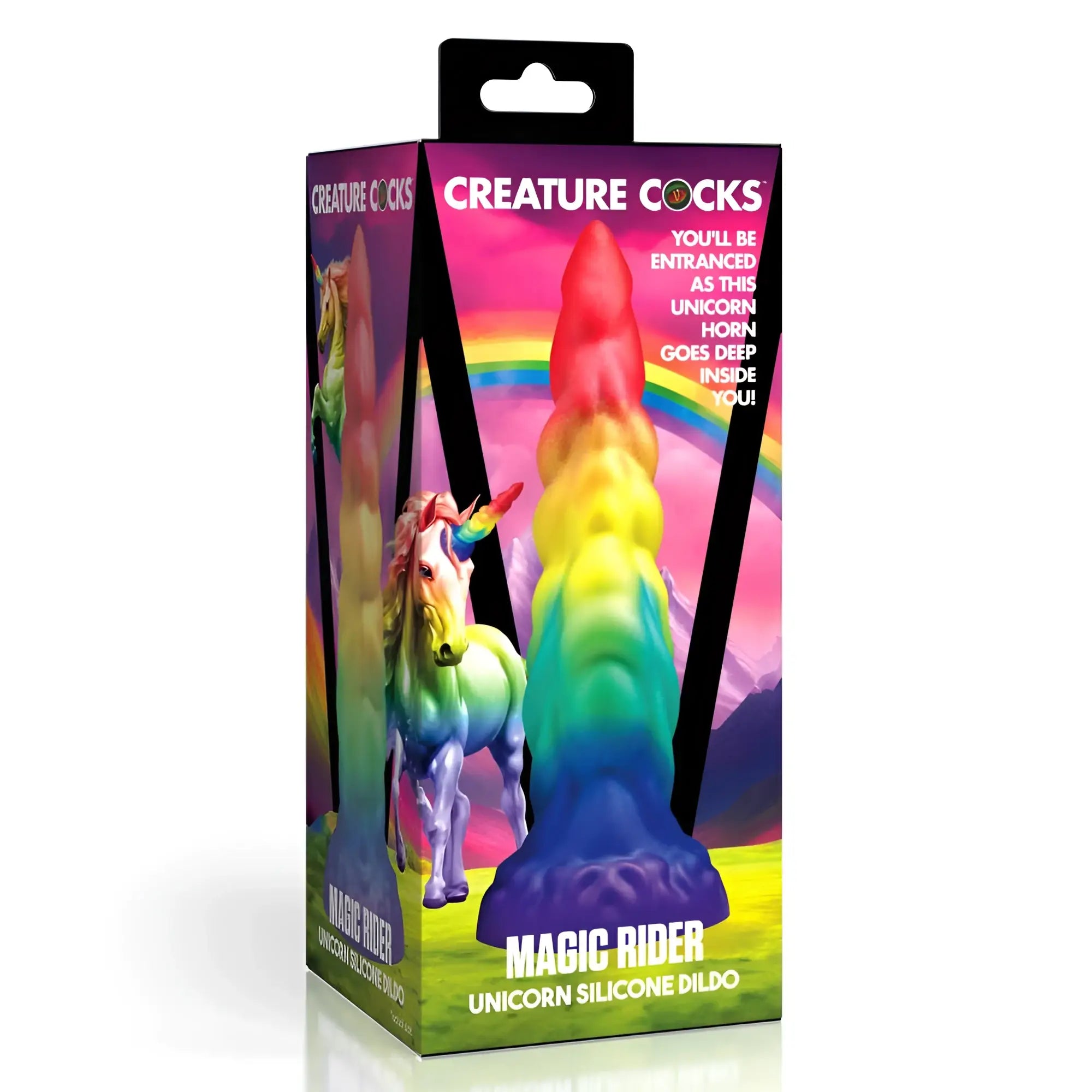 Creature cocks magic rider rainbow-colored unicorn horn silicone dildo in branded packaging for adult use