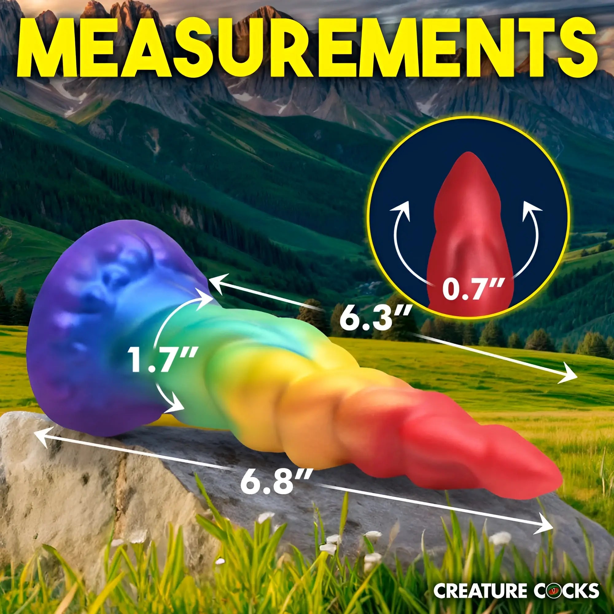 Rainbow-colored silicone dildo with smooth glossy finish and tapered ends from Creature Cocks Magic Rider Unicorn collection