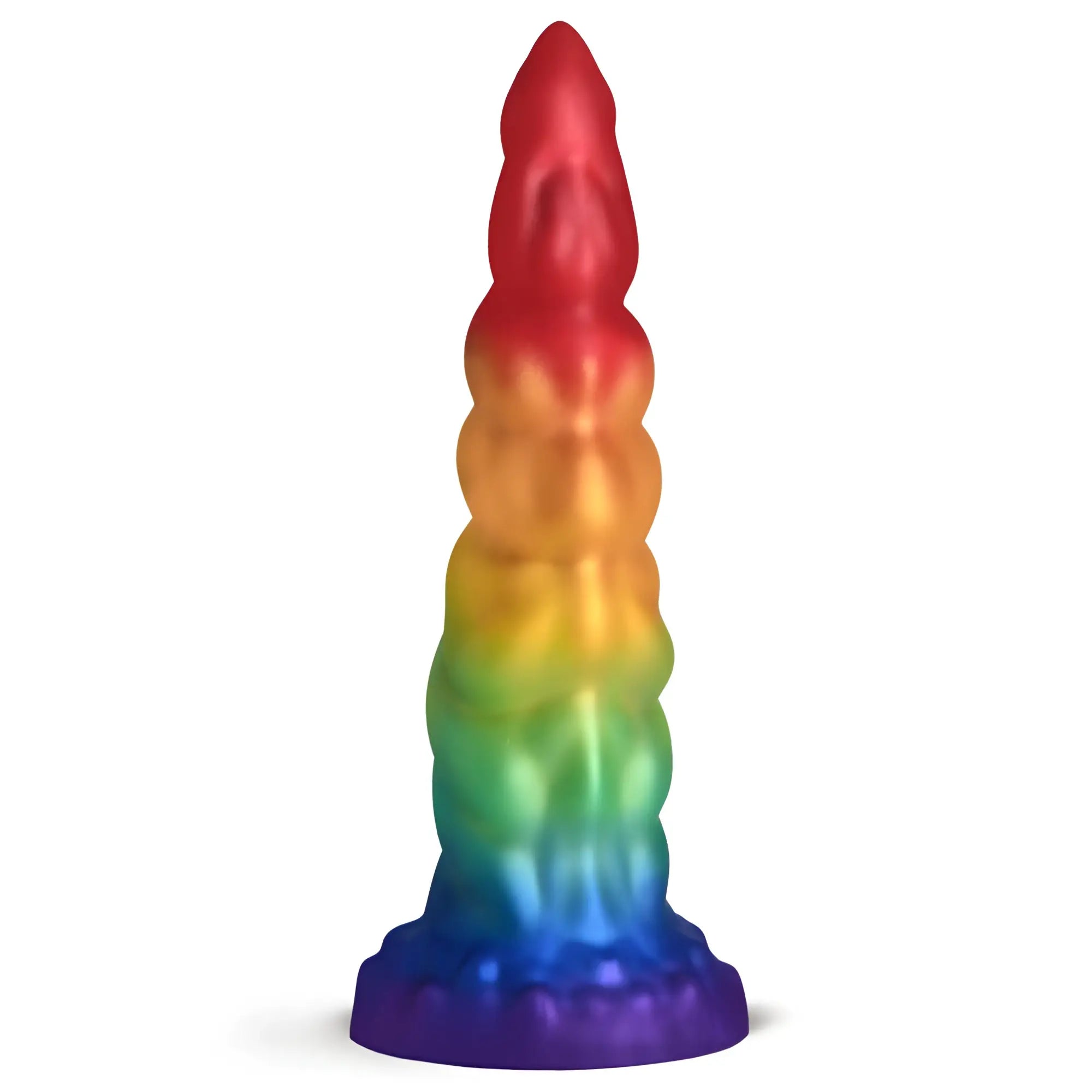 Rainbow-colored Creature Cocks Magic Rider unicorn silicone dildo with tapered segmented design and wide base