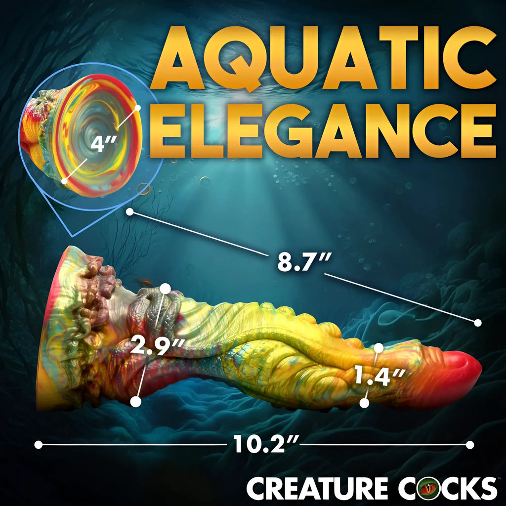 A 10.2 inch vibrant silicone creature cocks majestic merman dildo with textured aquatic design and gradient colors