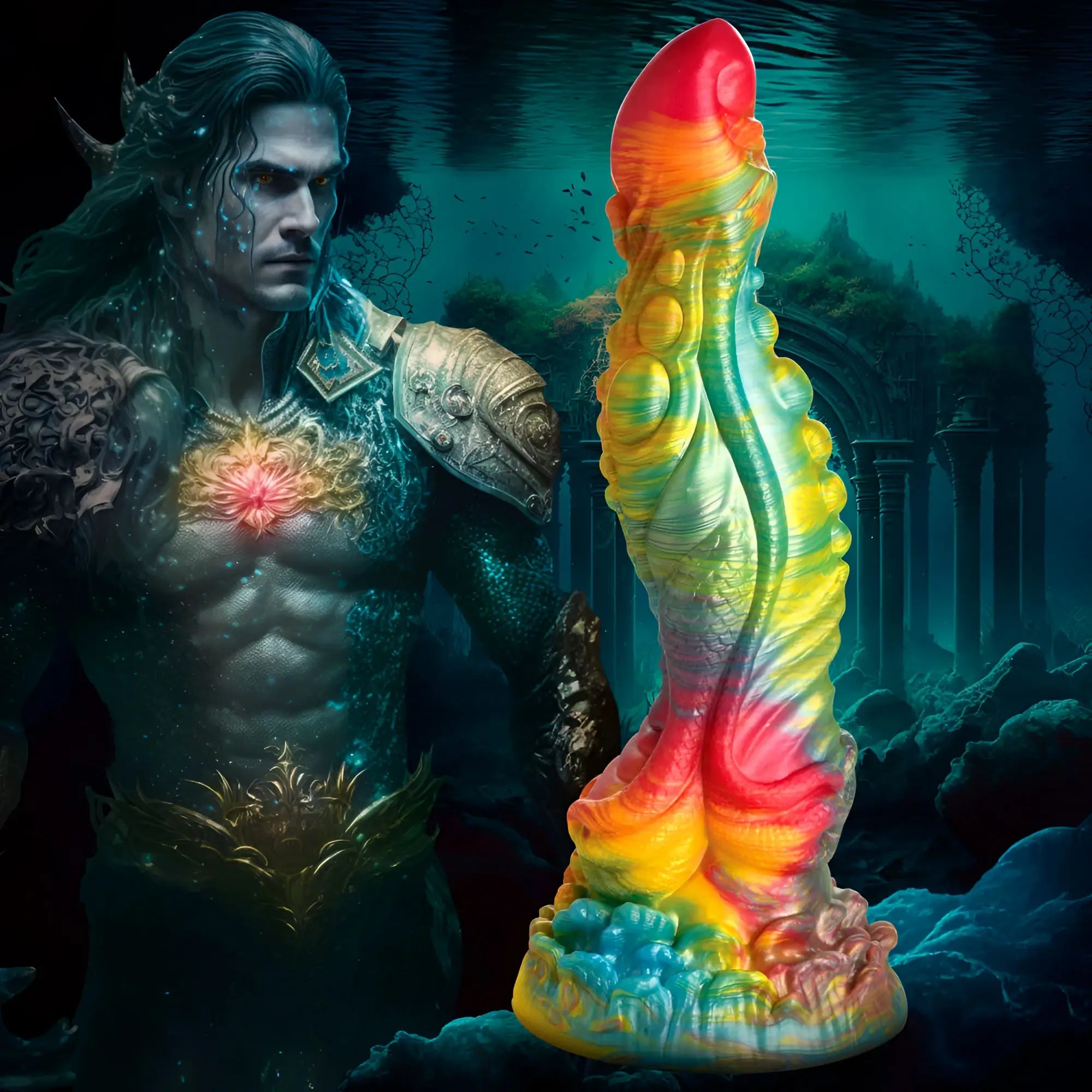 Rainbow-colored glossy silicone dildo with textured surface and rounded contours from Creature Cocks Majestic Merman line