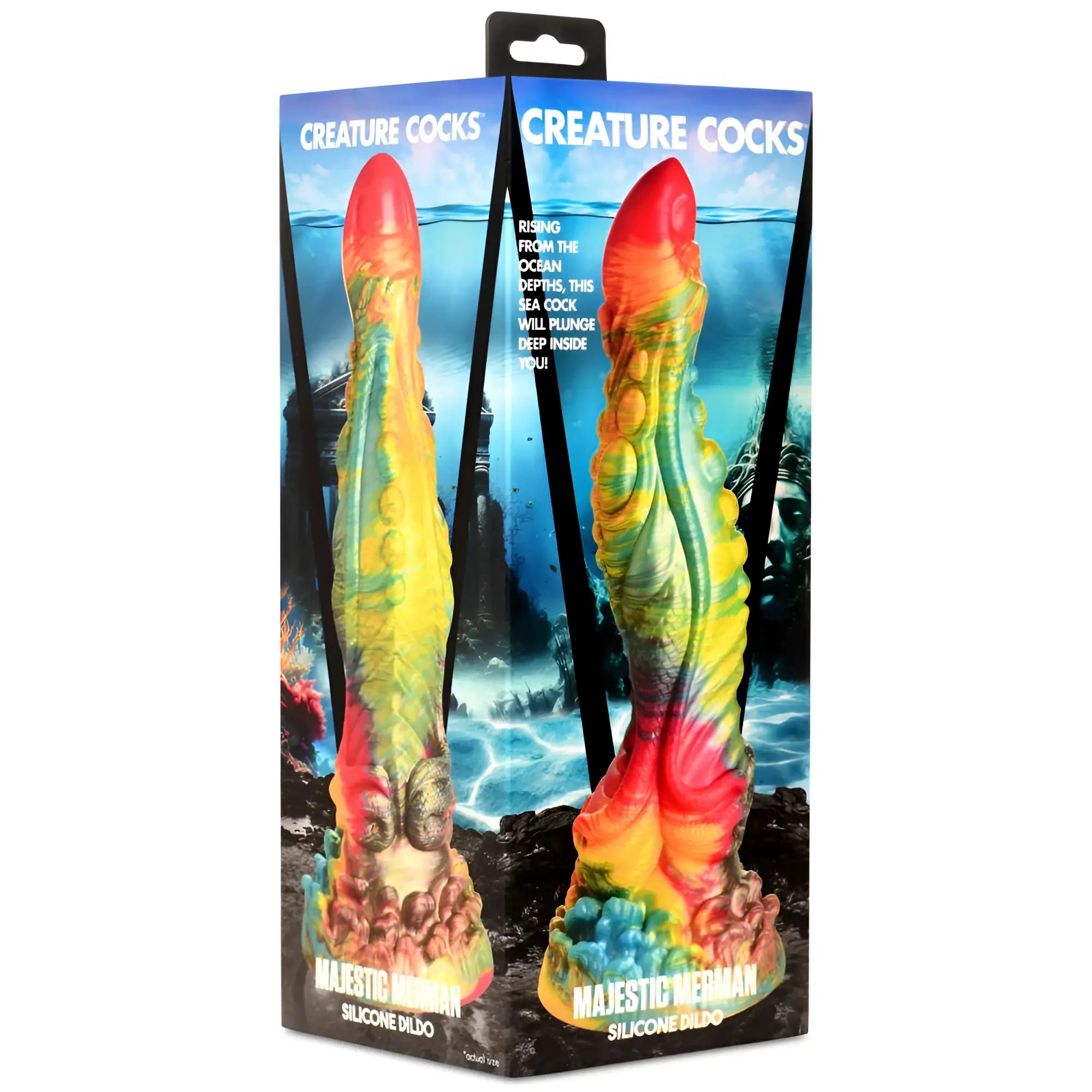 Rainbow-colored Creature Cocks Majestic Merman silicone dildo with textured segmented design and red-tipped head