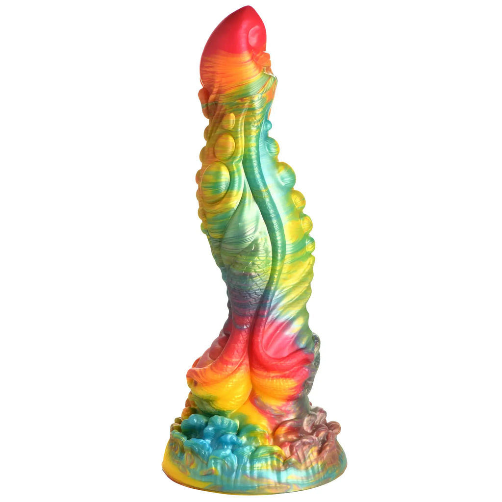 Creature cocks majestic merman silicone dildo in rainbow colors with textured glossy finish and intricate swirling patterns
