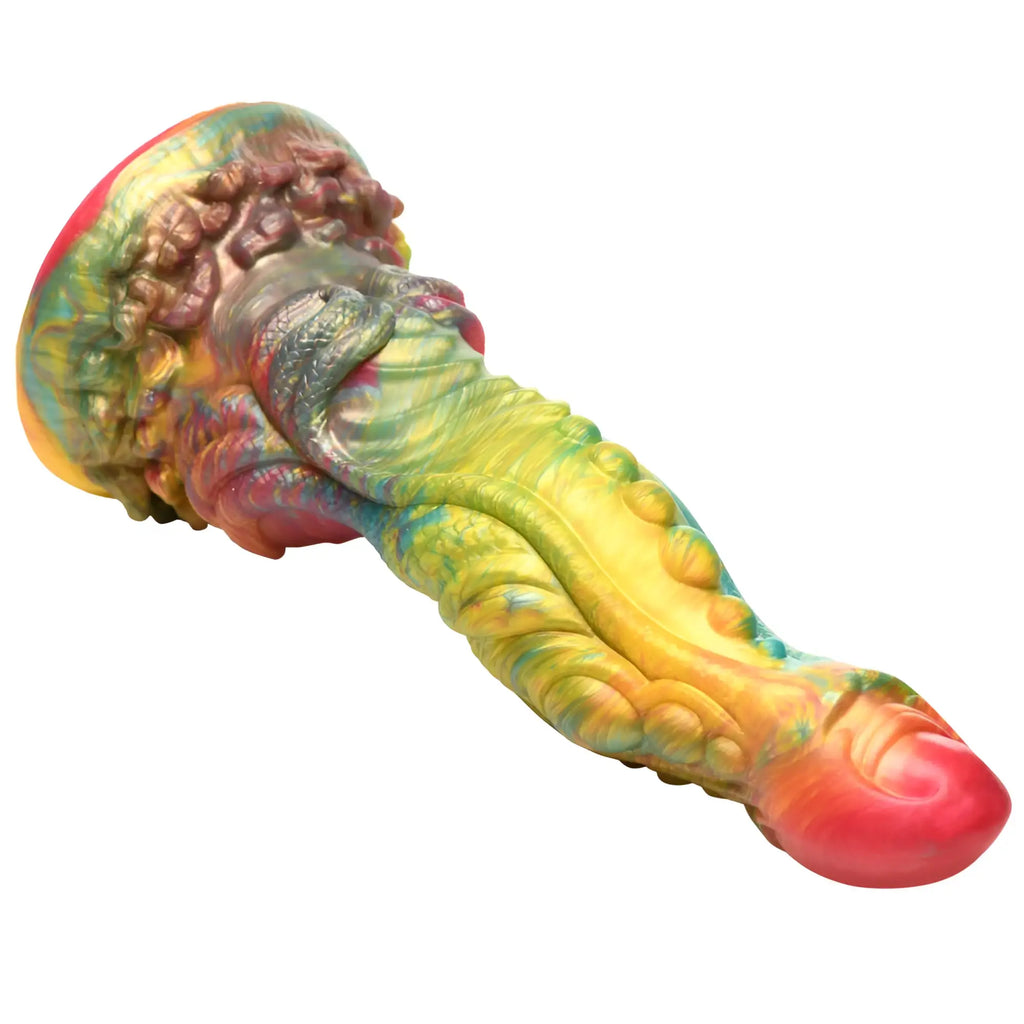 Vibrant rainbow-colored textured silicone dildo with detailed ridges from Creature Cocks Majestic Merman collection