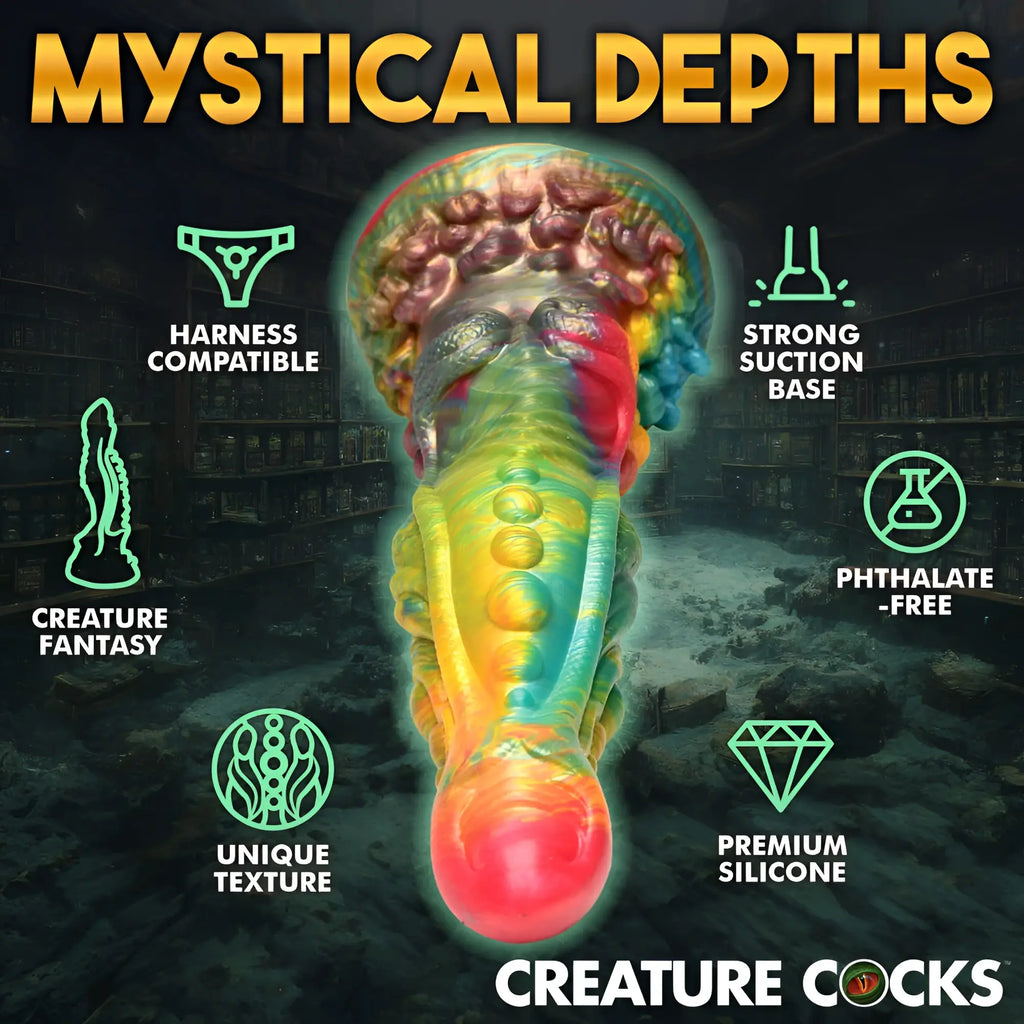 A vibrant rainbow-colored silicone dildo with a textured creature design and suction base from creature cocks majestic merman