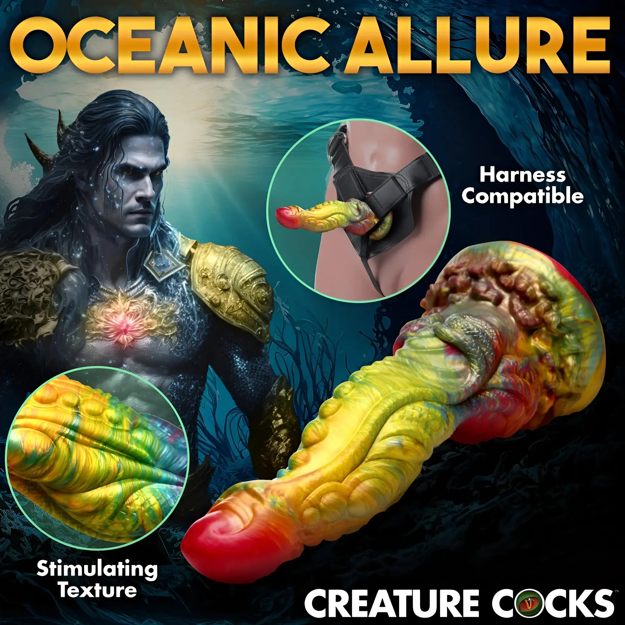 Vibrant textured silicone sea creature dildo with yellow green and red gradient from Creature Cocks Majestic Merman line