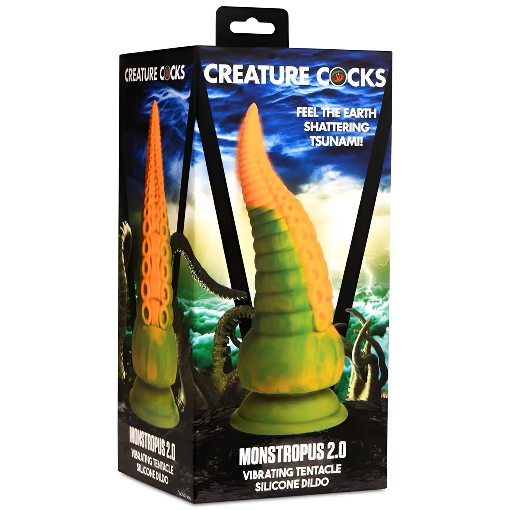 Green and orange silicone Creature Cocks Monstropus 2.0 vibrating tentacle dildo with textured segmented design