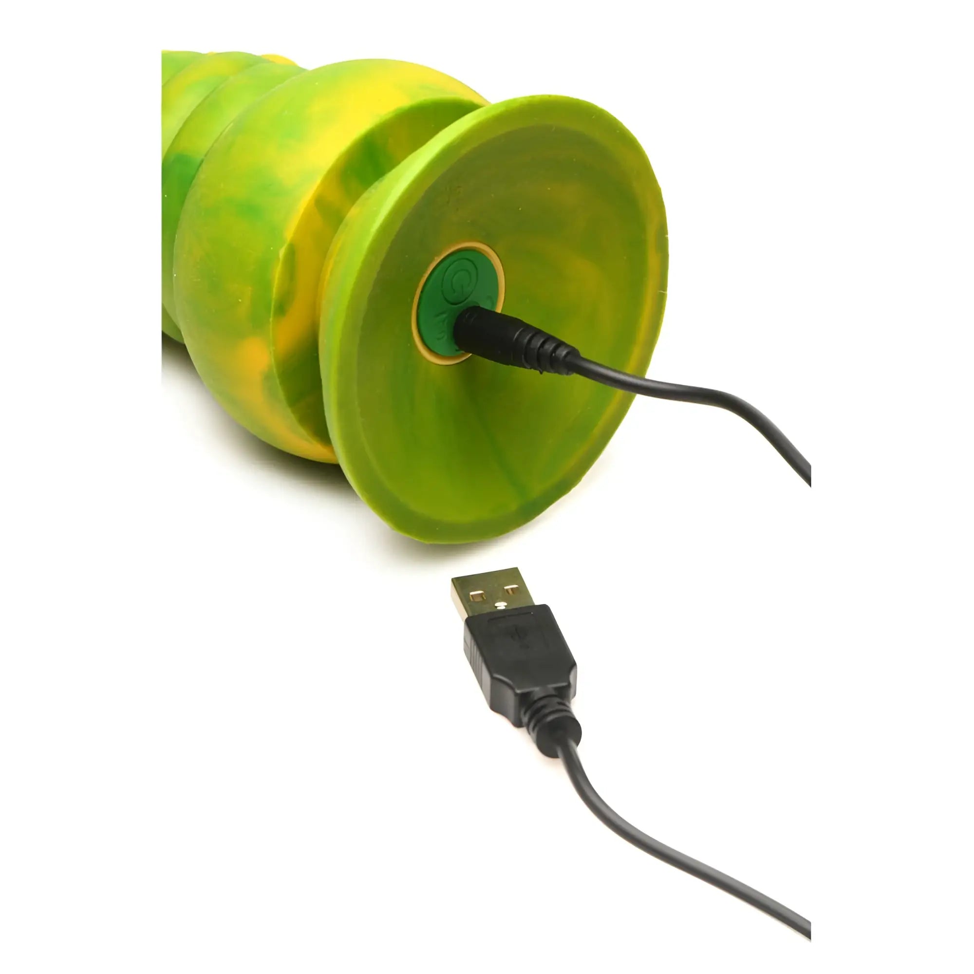 Vibrant green and yellow marbled silicone Creature Cocks Monstropus 2.0 vibrating tentacle dildo with usb port