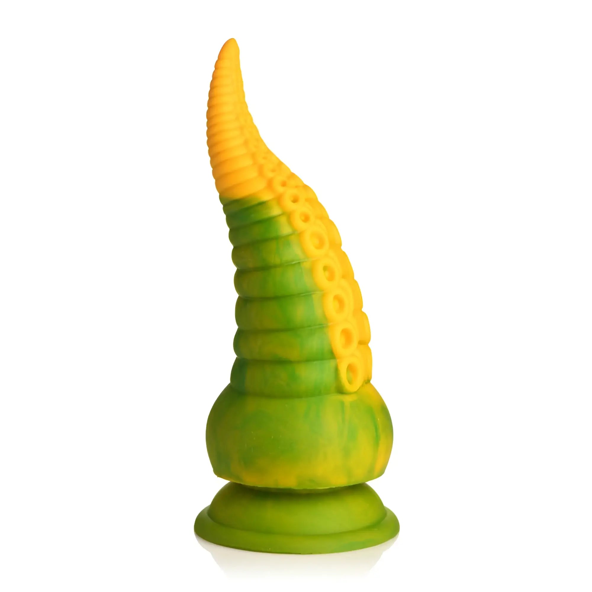 Vibrant green and yellow silicone vibrating octopus tentacle dildo with textured suction cups by Creature Cocks Monstropus 2.0