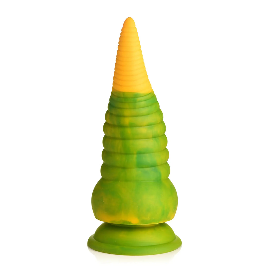 Creature cocks monstropus 2.0 vibrant green and yellow ribbed silicone dildo with conical shape and vibrating tentacle design